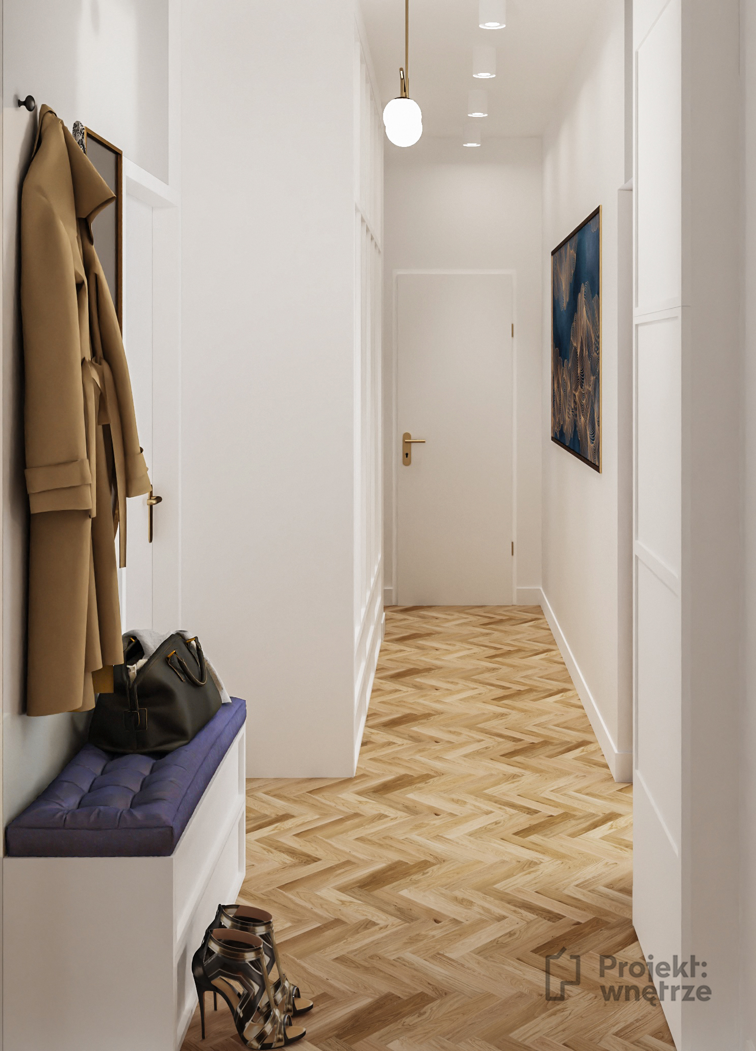 Elegancki korytarz biel szarość złoto granat parkiet w jodełkę - mieszkanie Świętokrzyska Warszawa - PROJEKT WNĘTRZE projektowanie wnętrz Warszawa online www.projektwnetrze.com.pl