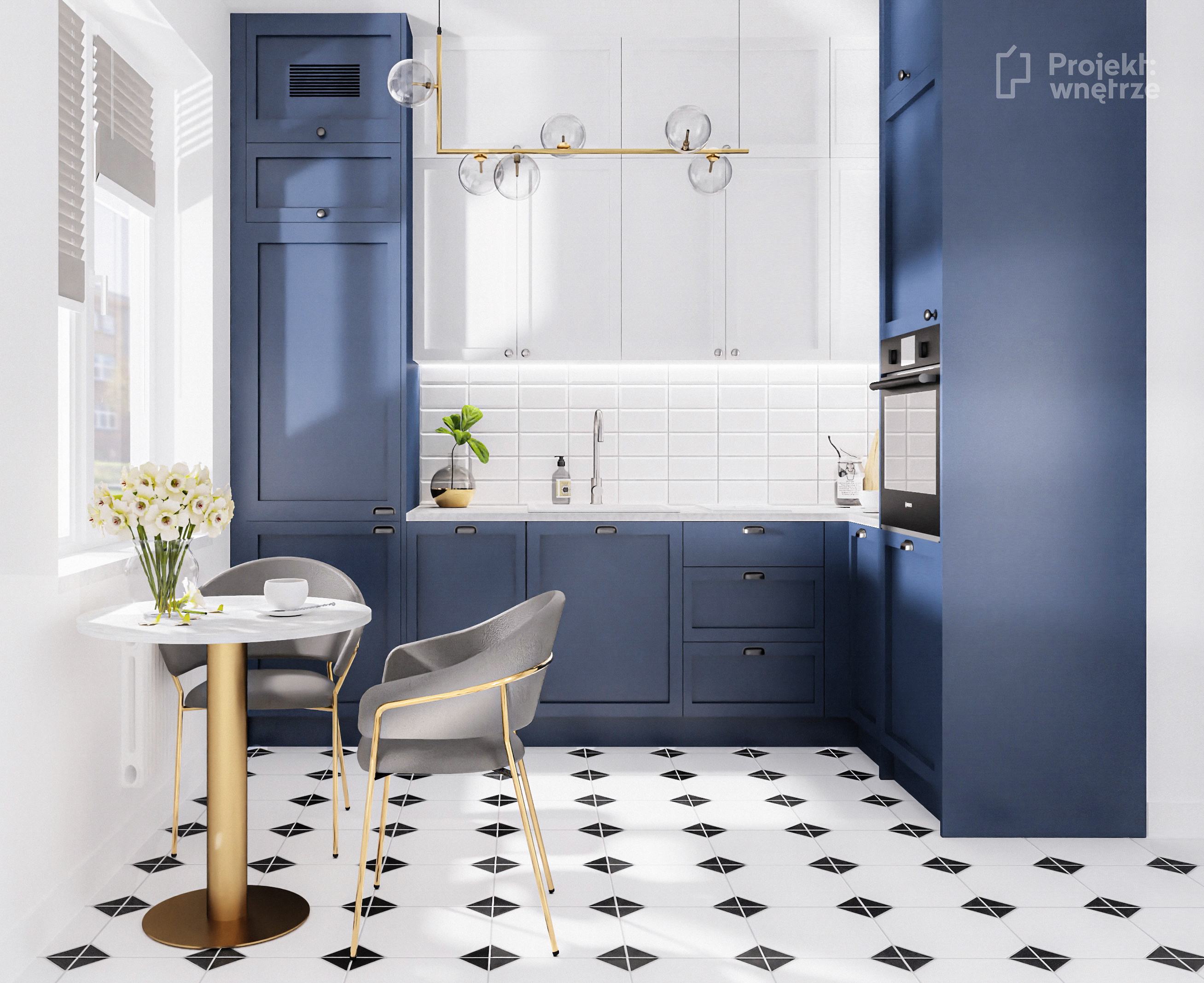 Kuchnia granat biel płytki cegiełki oktagon białe czarne złote akcenty - projektowanie wnętrz Warszawa www.projektwnetrze.com.pl