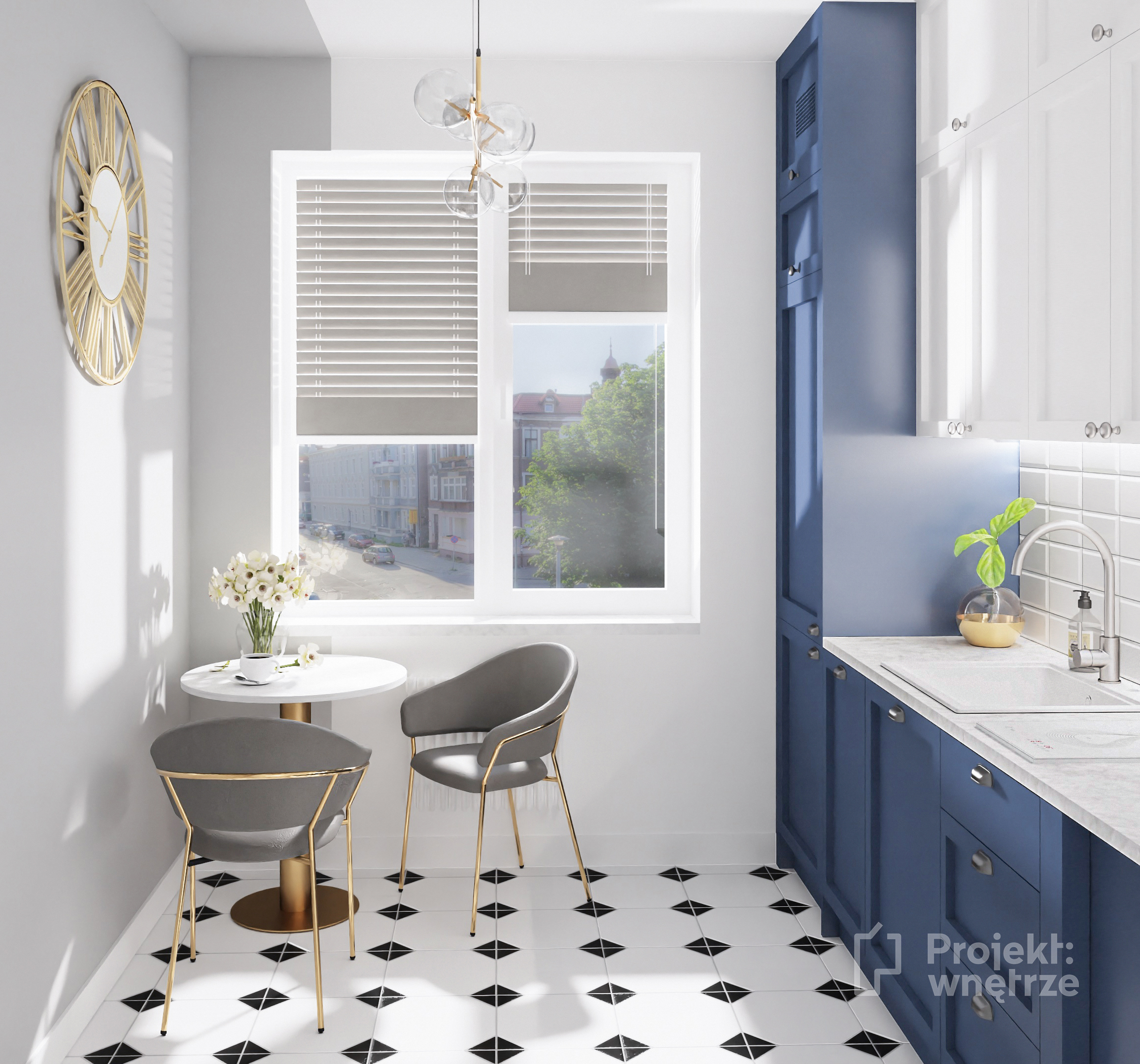 Kuchnia granat biel płytki cegiełki oktagon białe czarne złote akcenty - projektowanie wnętrz Warszawa www.projektwnetrze.com.pl