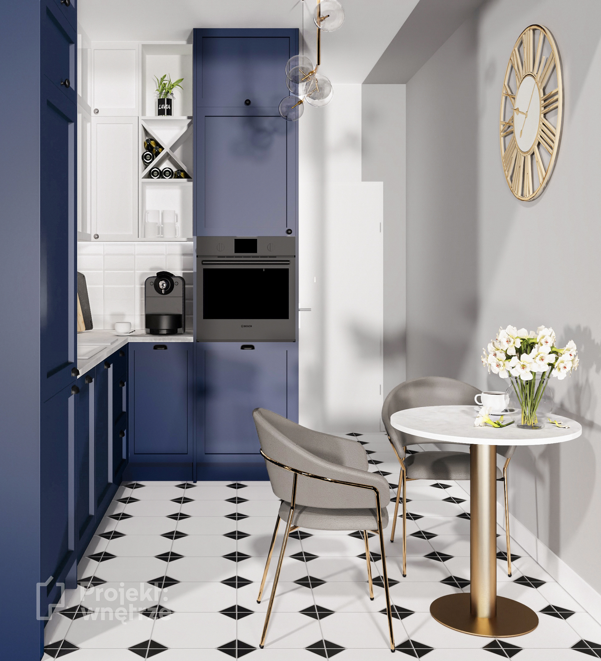 Kuchnia granat biel płytki cegiełki oktagon białe czarne złote akcenty - projektowanie wnętrz Warszawa www.projektwnetrze.com.pl