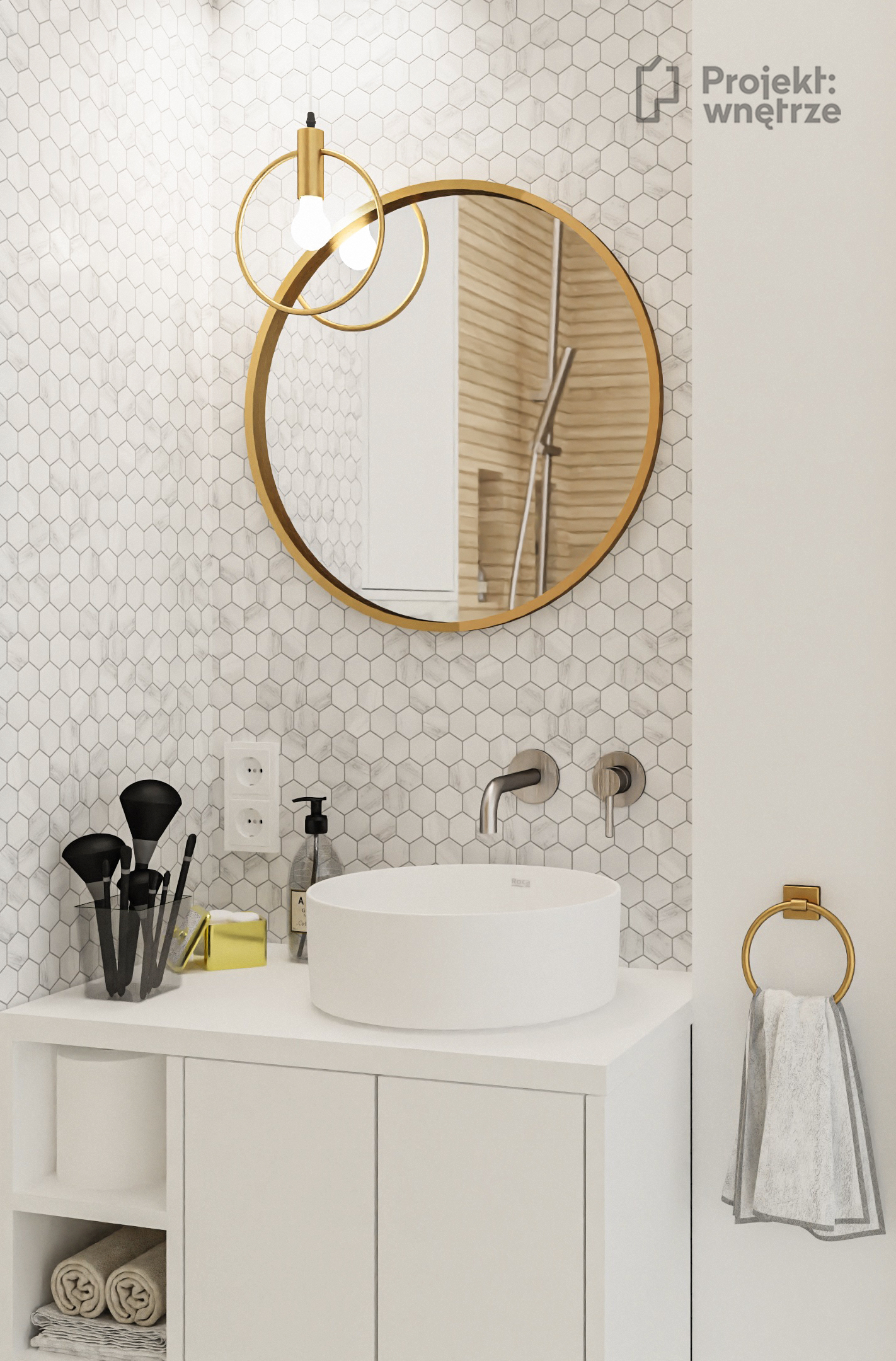 Mała elegancka łazienka marmur heksagon drewniane płytki Venis Starwood lamele okrągłe złote lustro mała umywalka - projekt łazienki PROJEKT WNĘTRZE www.projektwnetrze.com.pl