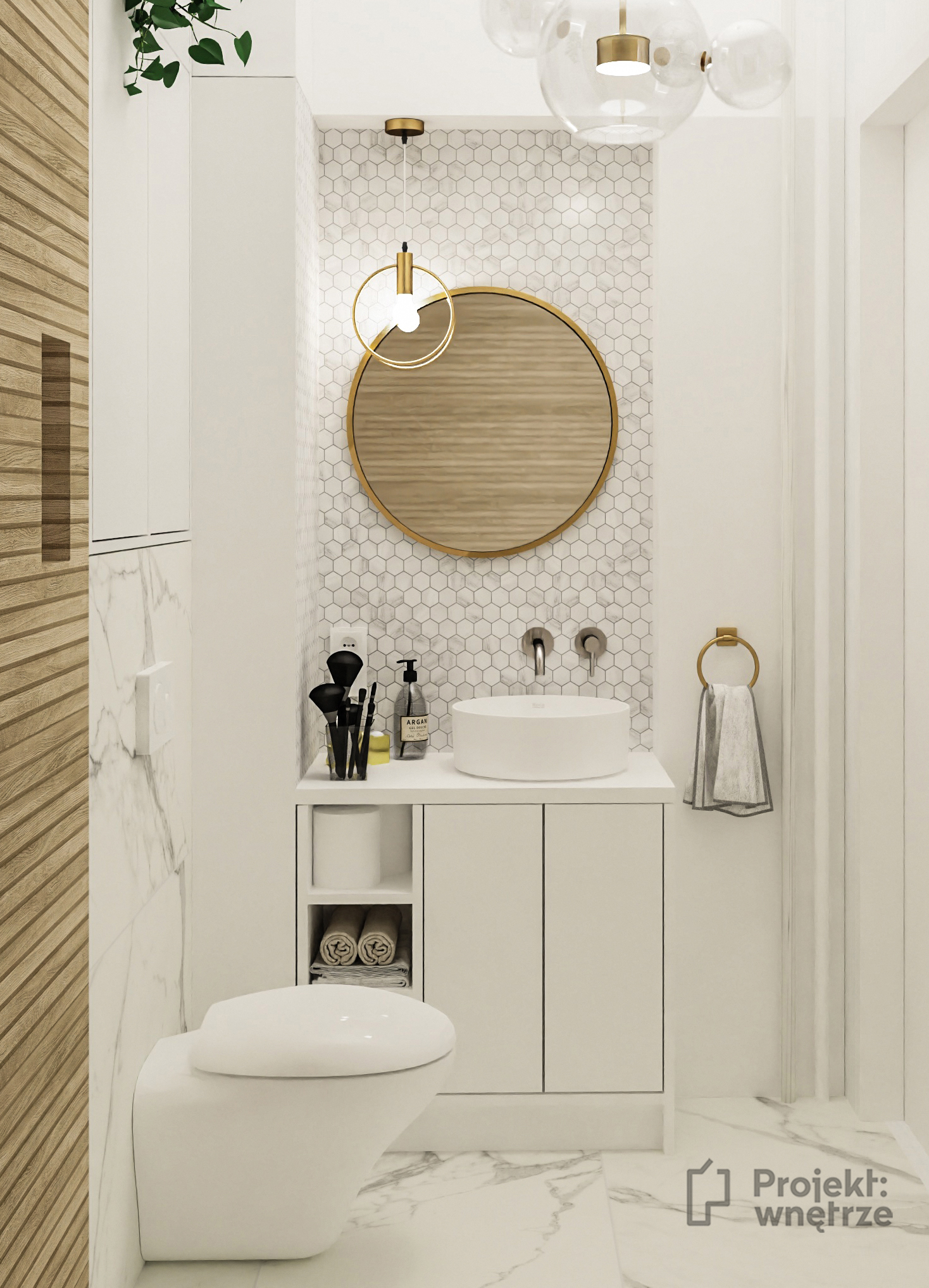Mała elegancka łazienka marmur heksagon drewniane płytki Venis Starwood lamele okrągłe złote lustro mała umywalka - projekt łazienki PROJEKT WNĘTRZE www.projektwnetrze.com.pl