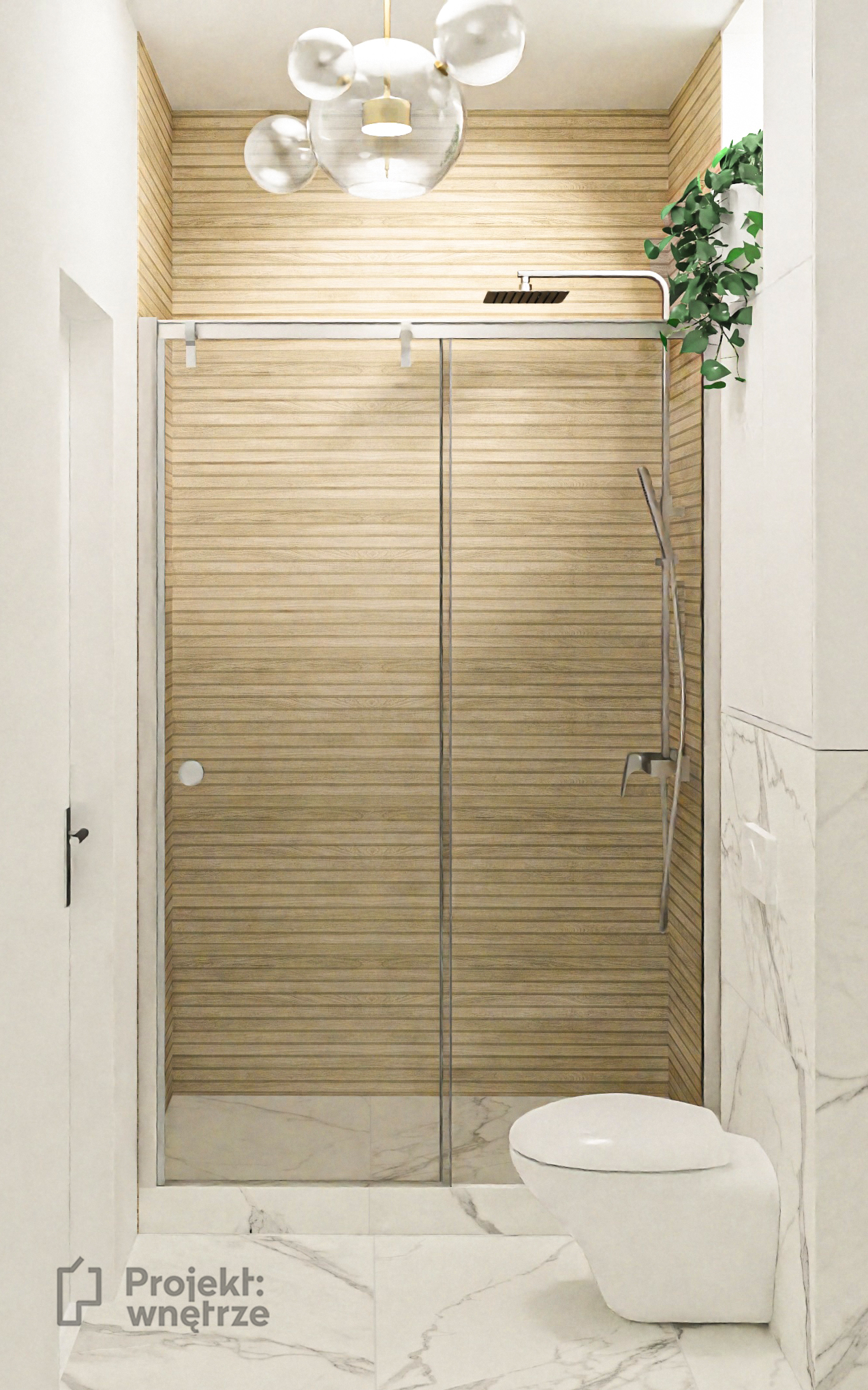 Mała elegancka łazienka marmur heksagon drewniane płytki Venis Starwood lamele okrągłe złote lustro mała umywalka - projekt łazienki PROJEKT WNĘTRZE www.projektwnetrze.com.pl