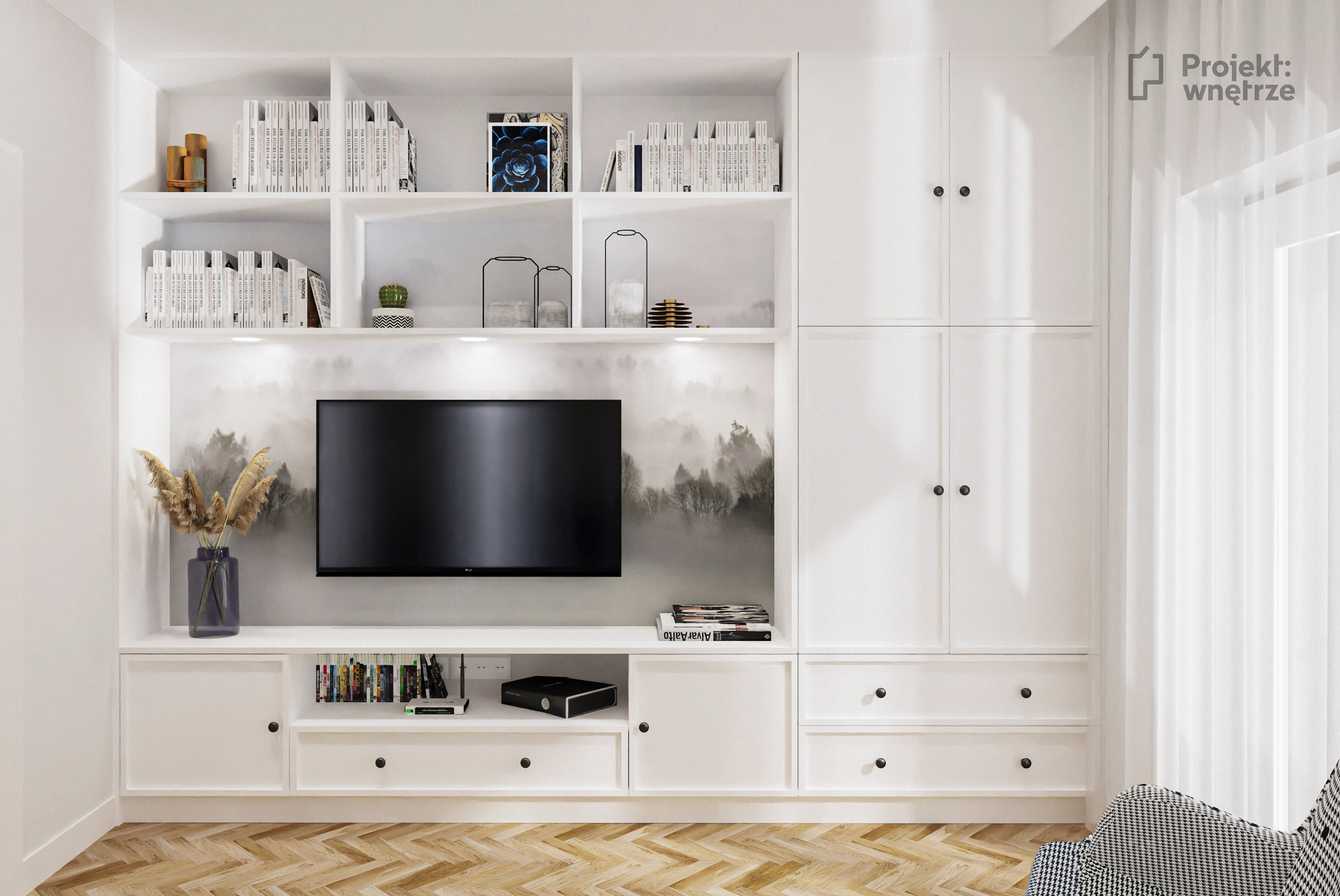 Elegancki salon szarość granat biel jodełka - Projekt wnętrze projektowanie wnętrz Warszawa online www.projektwnetrze.com.pl