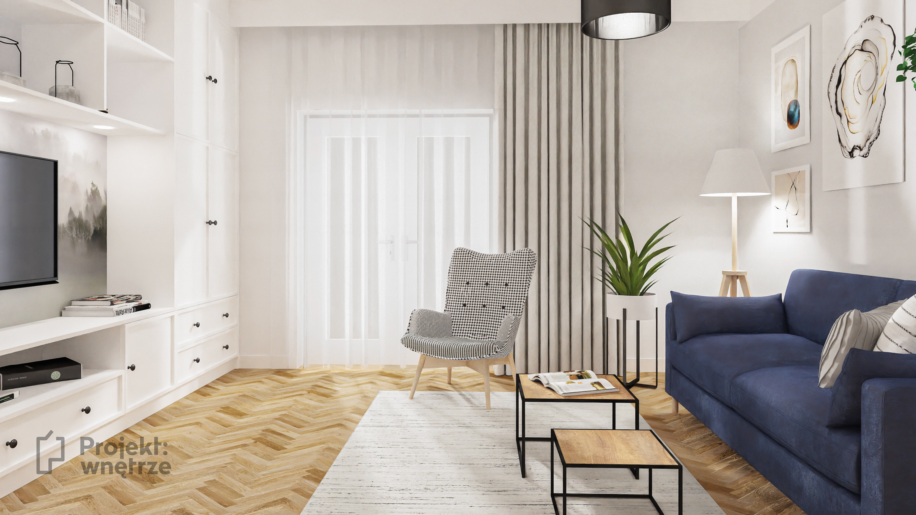 Elegancki salon szarość granat biel jodełka - Projekt wnętrze projektowanie wnętrz Warszawa online www.projektwnetrze.com.pl