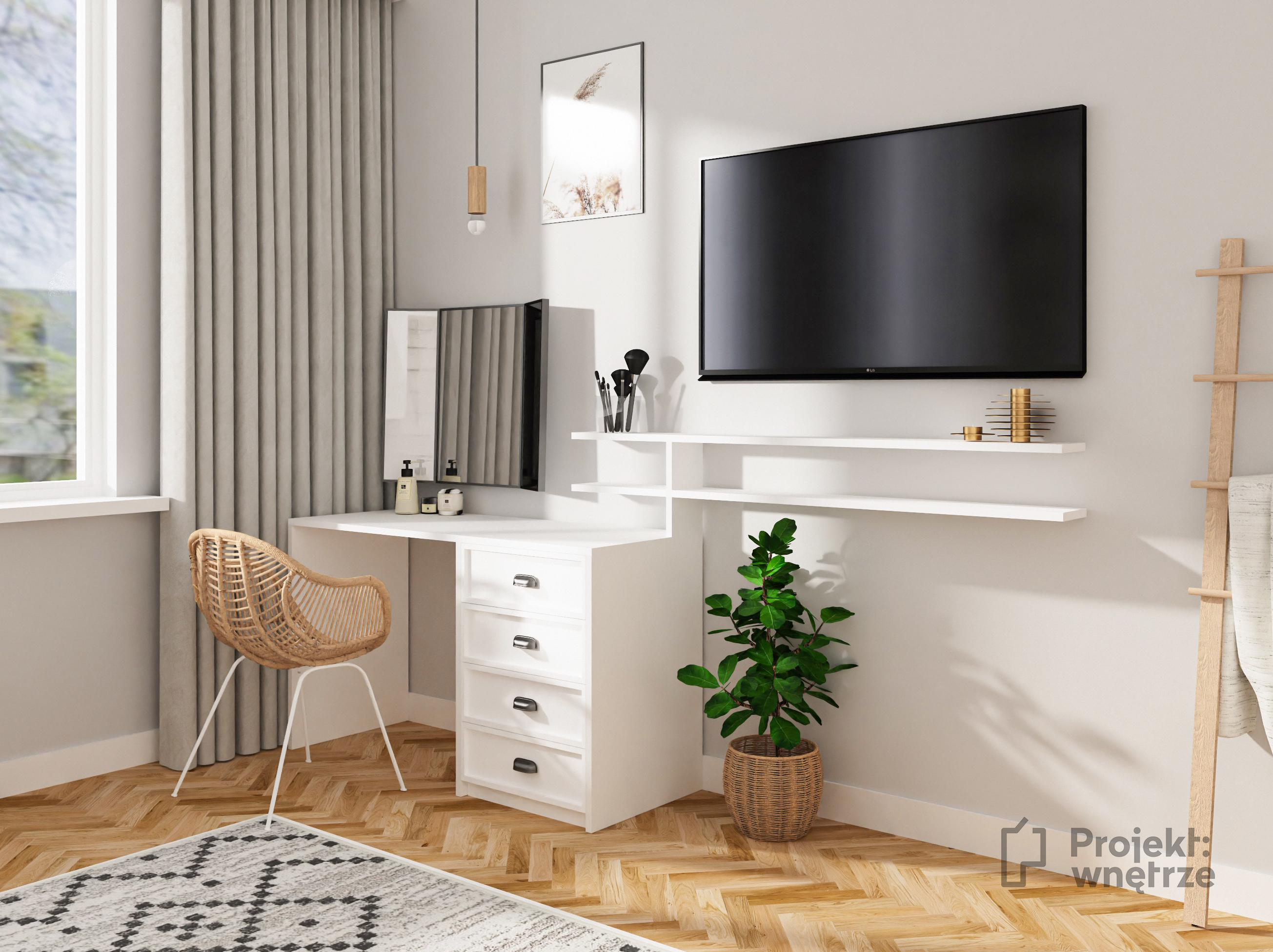 Przytulna sypialnia biel drewno szarości z toaletką TV i dużą szafą - PROJEKT WNĘTRZE projektowanie wnętrz Warszawa okolice online - www.projektwnetrze.com.pl