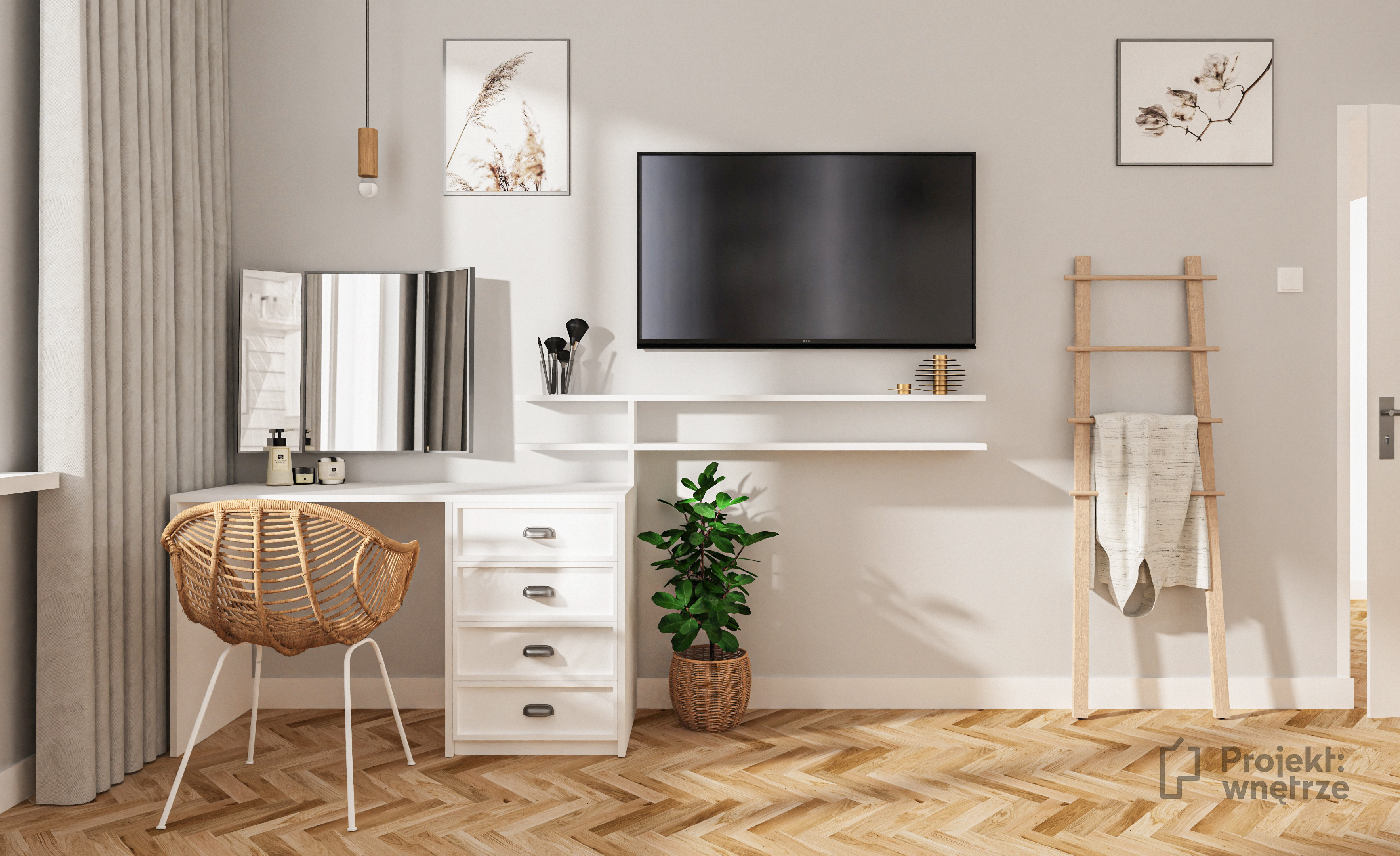 Przytulna sypialnia biel drewno szarości z toaletką TV i dużą szafą - PROJEKT WNĘTRZE projektowanie wnętrz Warszawa okolice online - www.projektwnetrze.com.pl