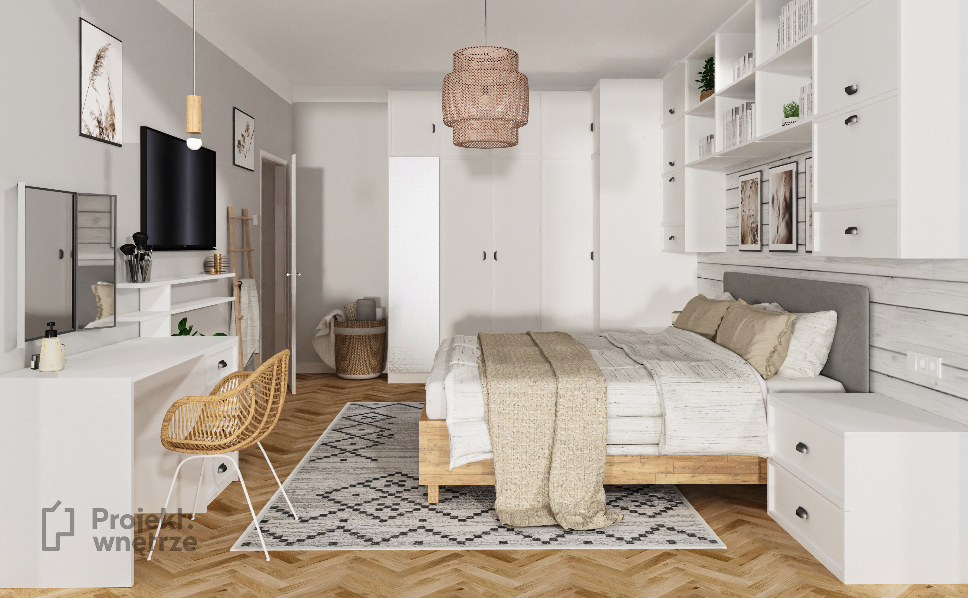 Przytulna sypialnia biel drewno szarości z toaletką TV i dużą szafą - PROJEKT WNĘTRZE projektowanie wnętrz Warszawa okolice online - www.projektwnetrze.com.pl