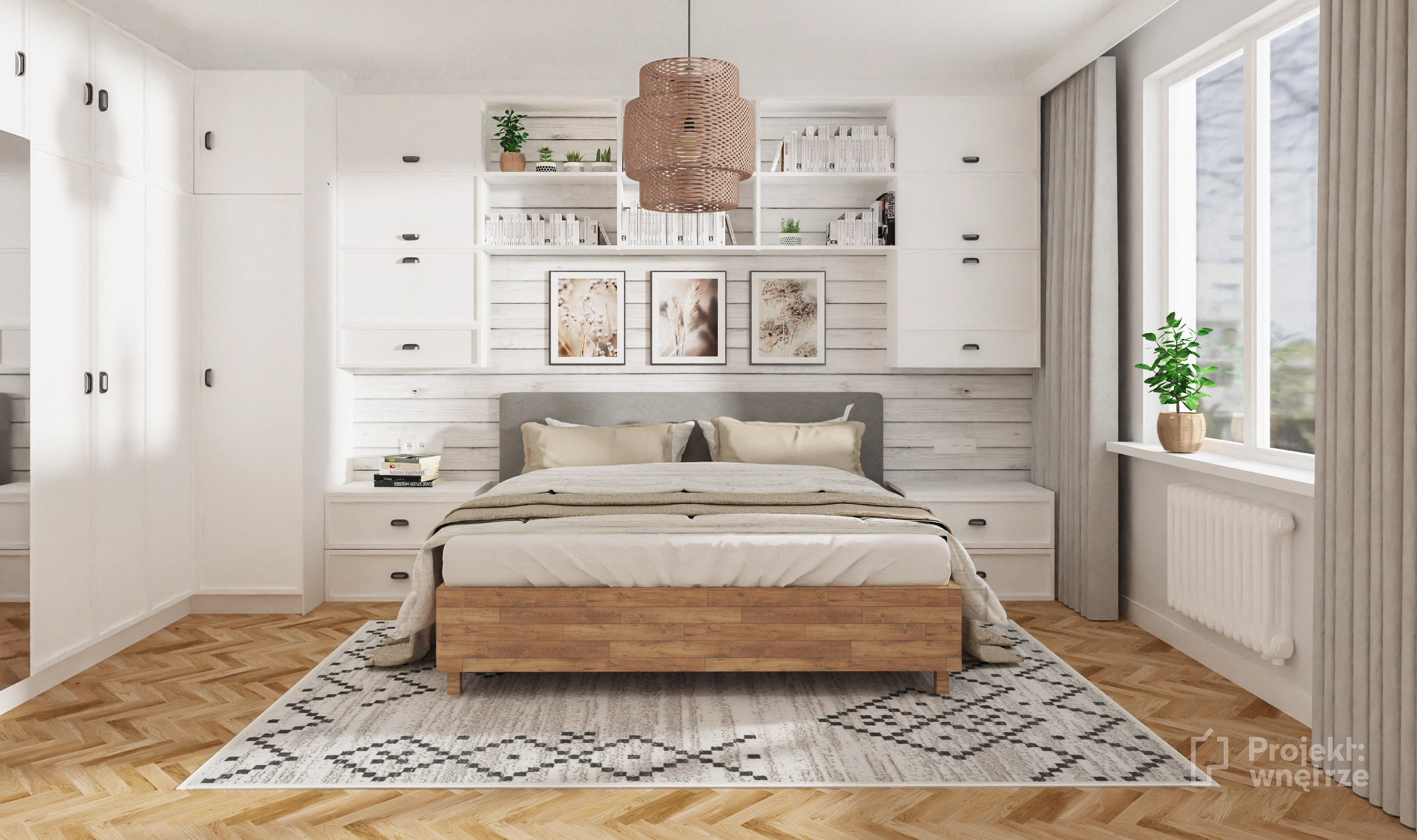 Przytulna sypialnia biel drewno szarości z toaletką TV i dużą szafą - PROJEKT WNĘTRZE projektowanie wnętrz Warszawa okolice online - www.projektwnetrze.com.pl
