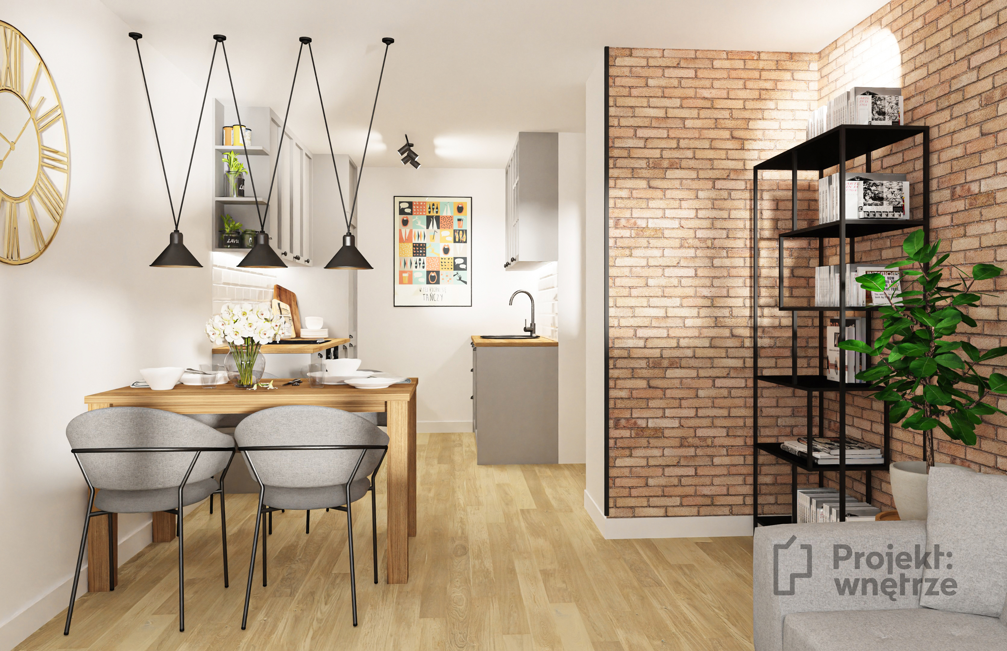 Kawalerka loft - małe mieszkanie cegła szarość czerń - salon z aneksem - PROJEKT: WNĘTRZE www.projektwnetrze.com.pl