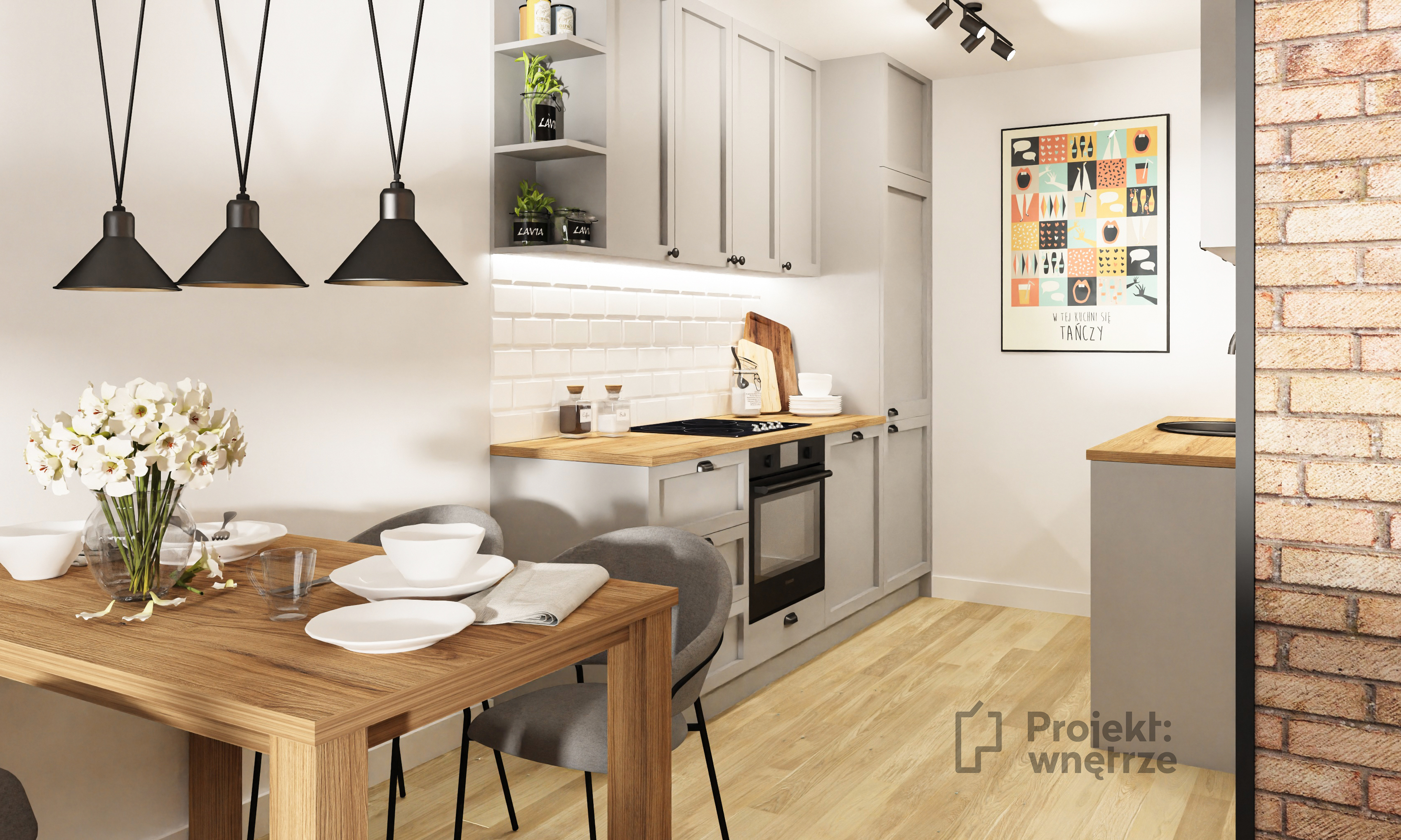 Szara kuchnia loft płytki cegiełki białe Kawalerka loft - małe mieszkanie cegła szarość czerń - salon z aneksem - PROJEKT: WNĘTRZE www.projektwnetrze.com.pl