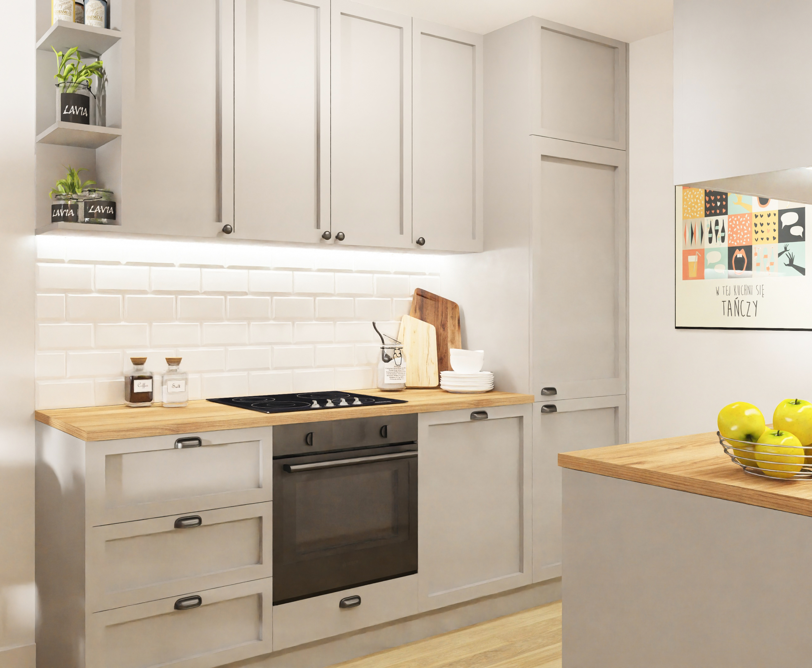 Szara kuchnia loft płytki cegiełki białe Kawalerka loft - małe mieszkanie cegła szarość czerń - salon z aneksem - PROJEKT: WNĘTRZE www.projektwnetrze.com.pl