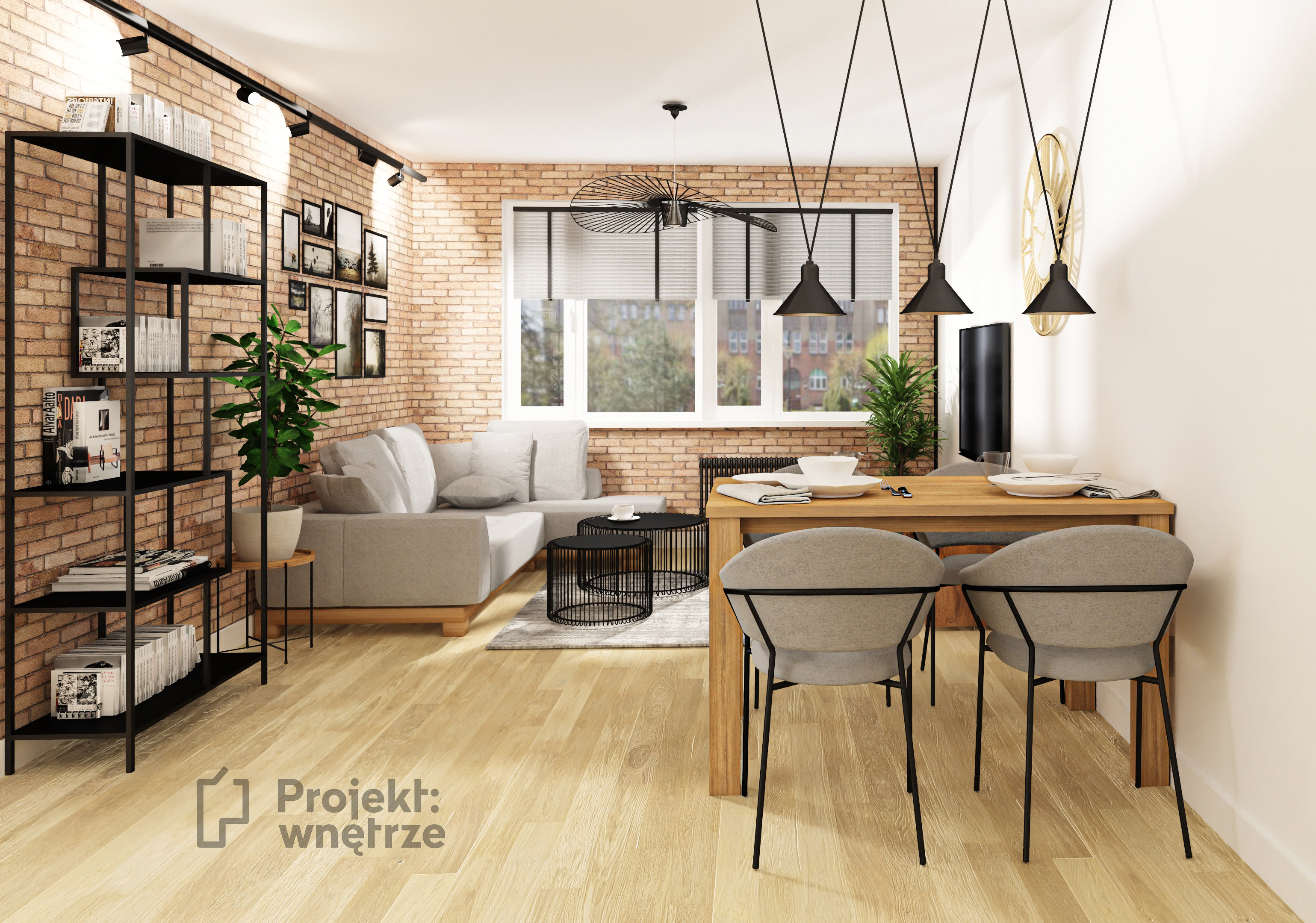 Kawalerka loft - małe mieszkanie cegła szarość czerń - salon z aneksem - PROJEKT: WNĘTRZE www.projektwnetrze.com.pl