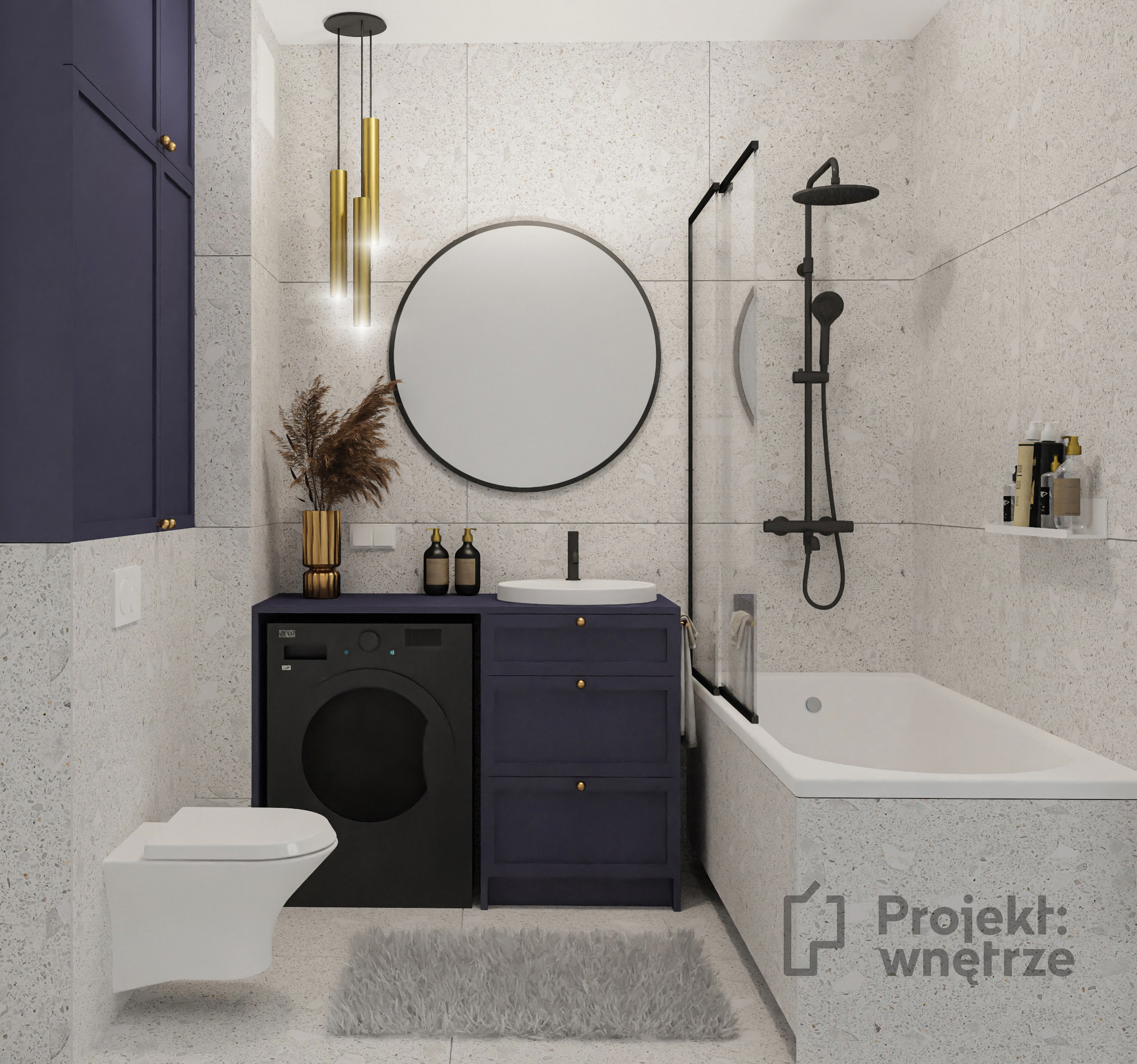 Elegancka łazienka lastryko terazzo granat złoto Projekt: wnętrze