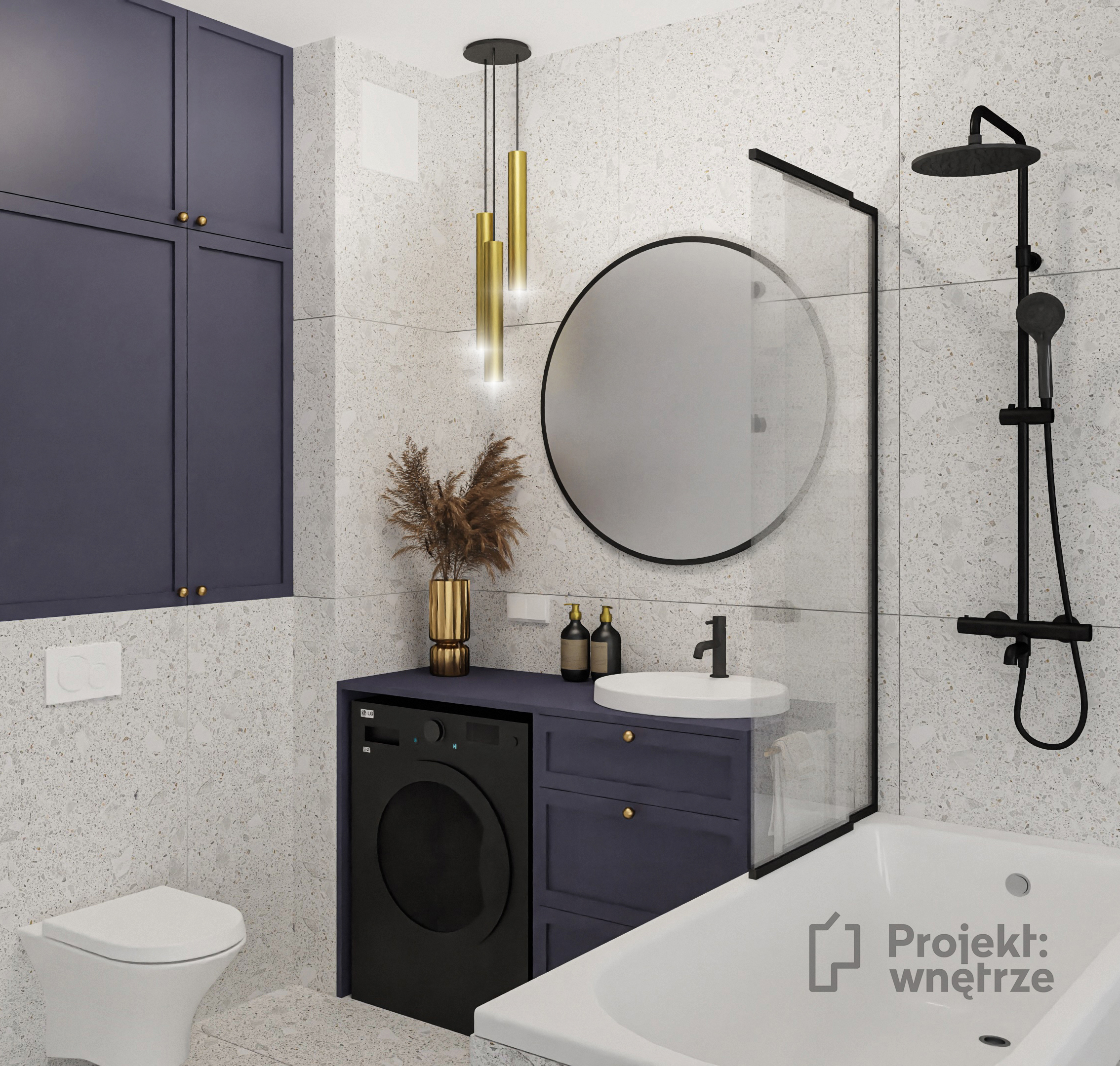 Elegancka łazienka lastryko terazzo granat złoto Projekt: wnętrze