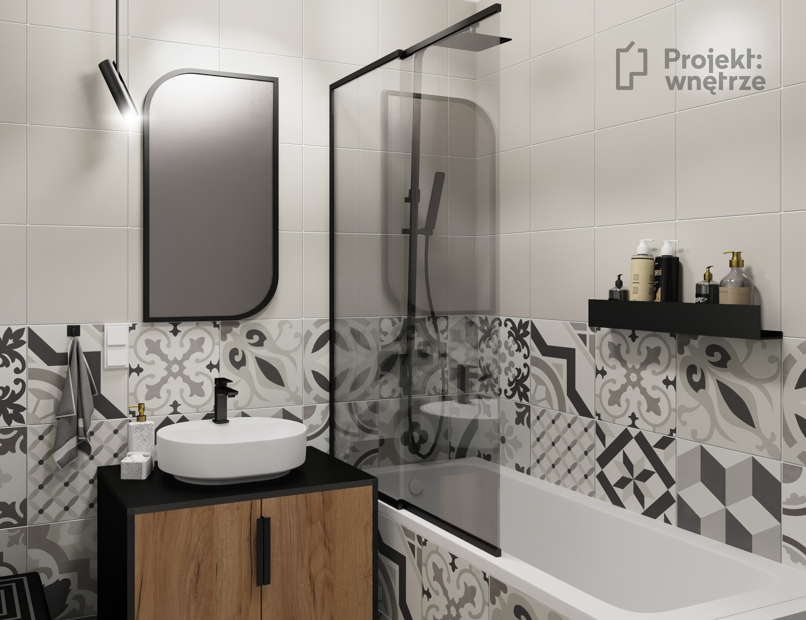 Projekt: Wnętrze projekt mieszkania szarość orzech mozaika
