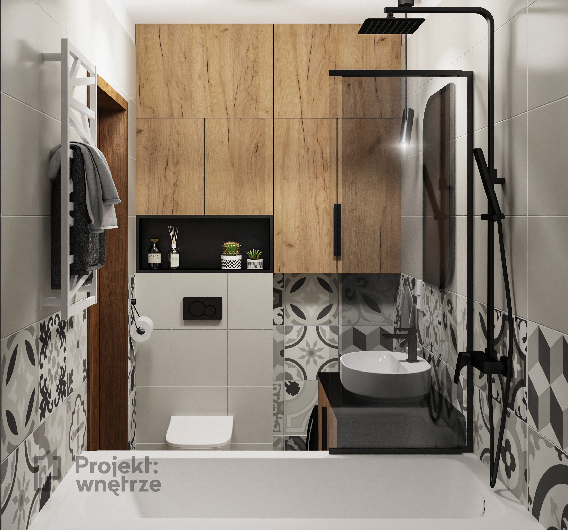 Projekt: Wnętrze projekt mieszkania szarość orzech mozaika
