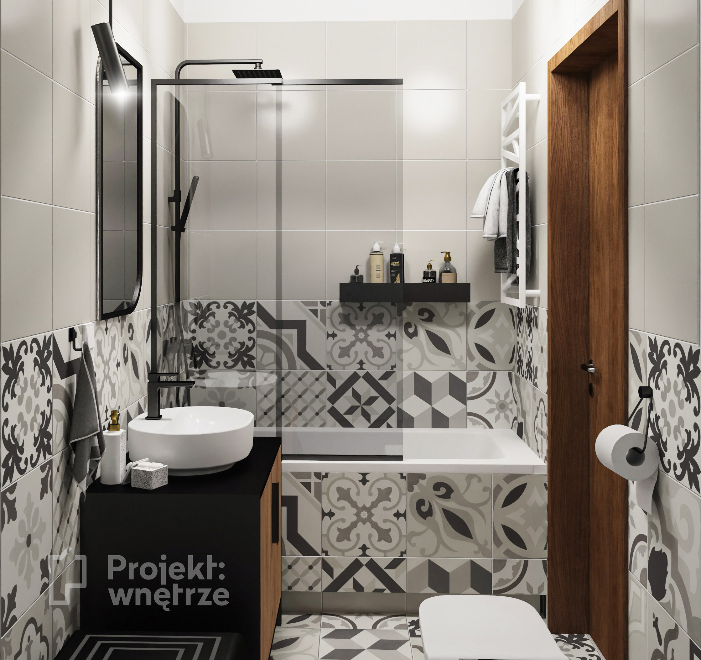 Projekt: Wnętrze projekt mieszkania szarość orzech mozaika