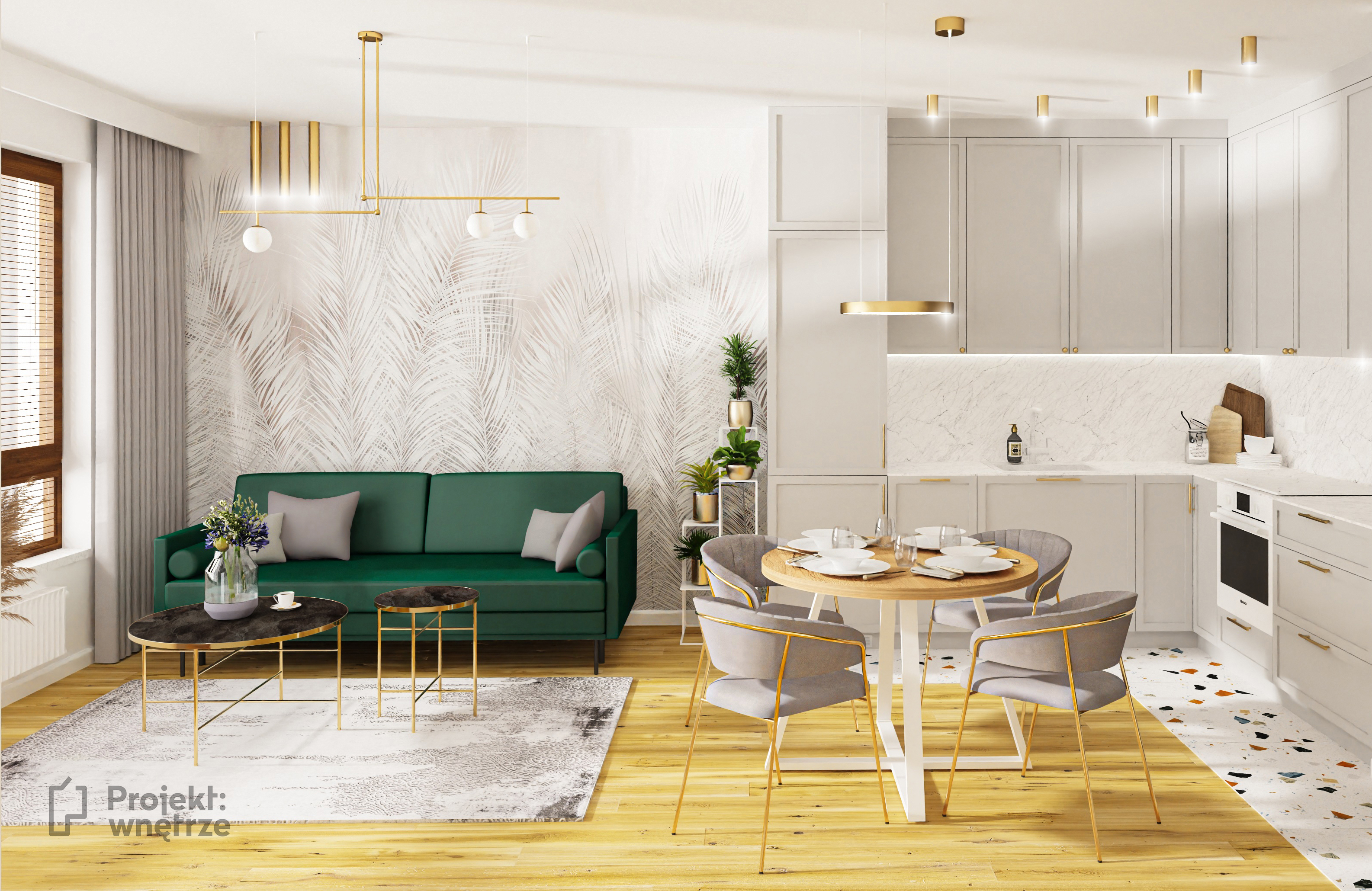 Projekt Wnętrze eleganckie mieszkanie złoto szarość zieleń sztukateria