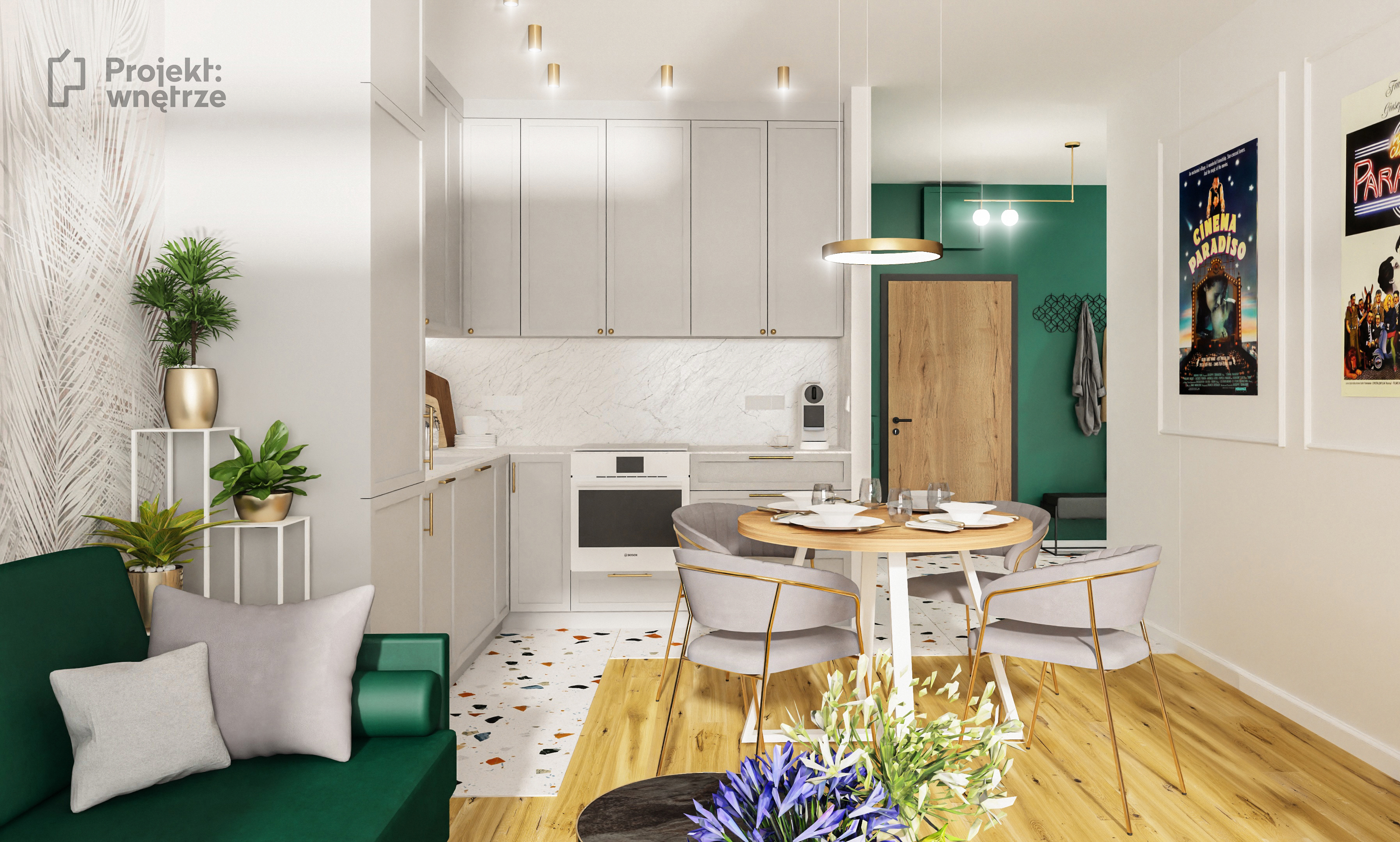 Projekt Wnętrze eleganckie mieszkanie złoto szarość zieleń sztukateria