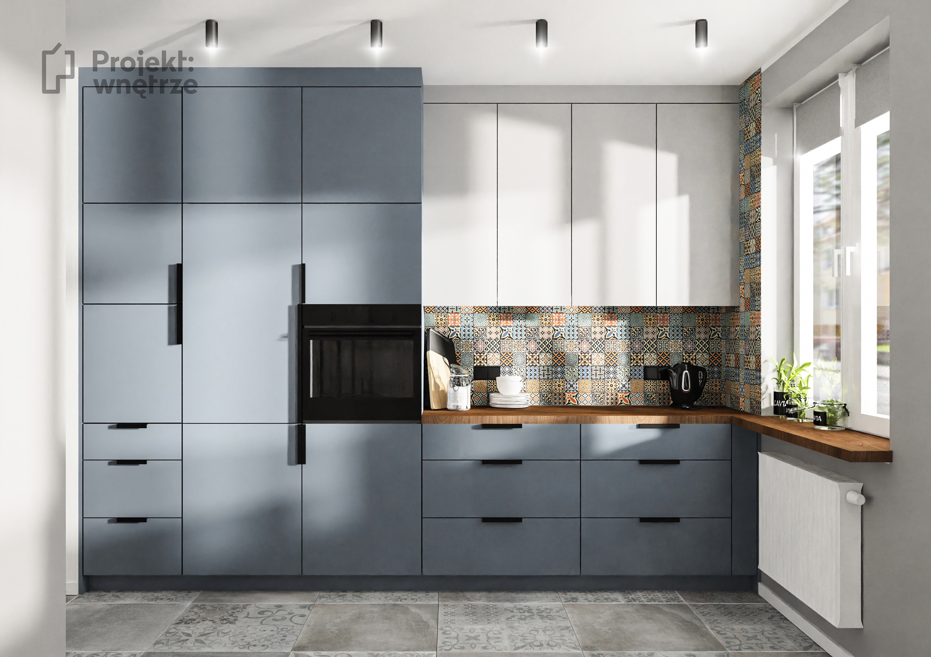 Projekt: Wnętrze projekt mieszkania szarość orzech mozaika