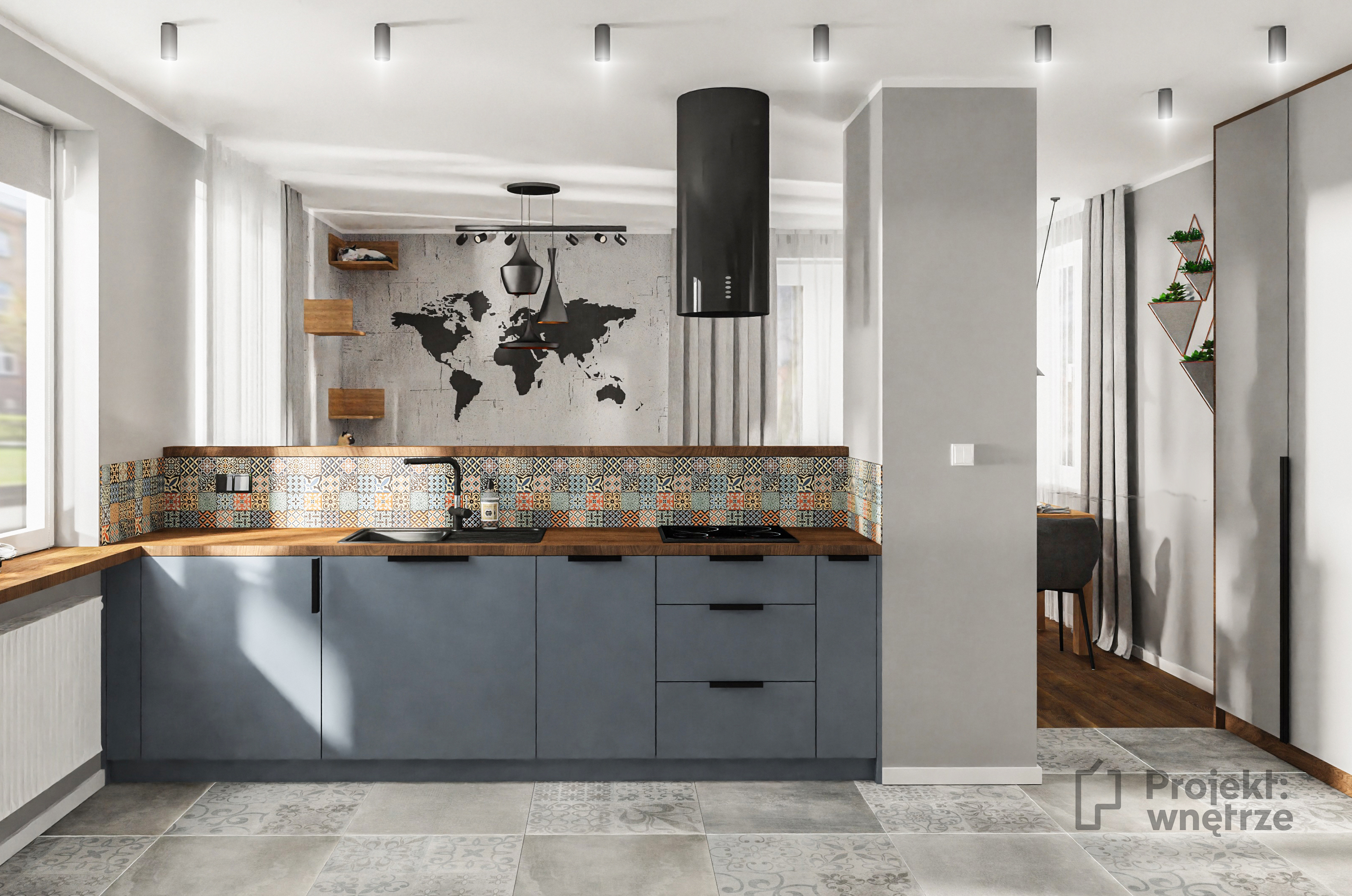Projekt: Wnętrze projekt mieszkania szarość orzech mozaika
