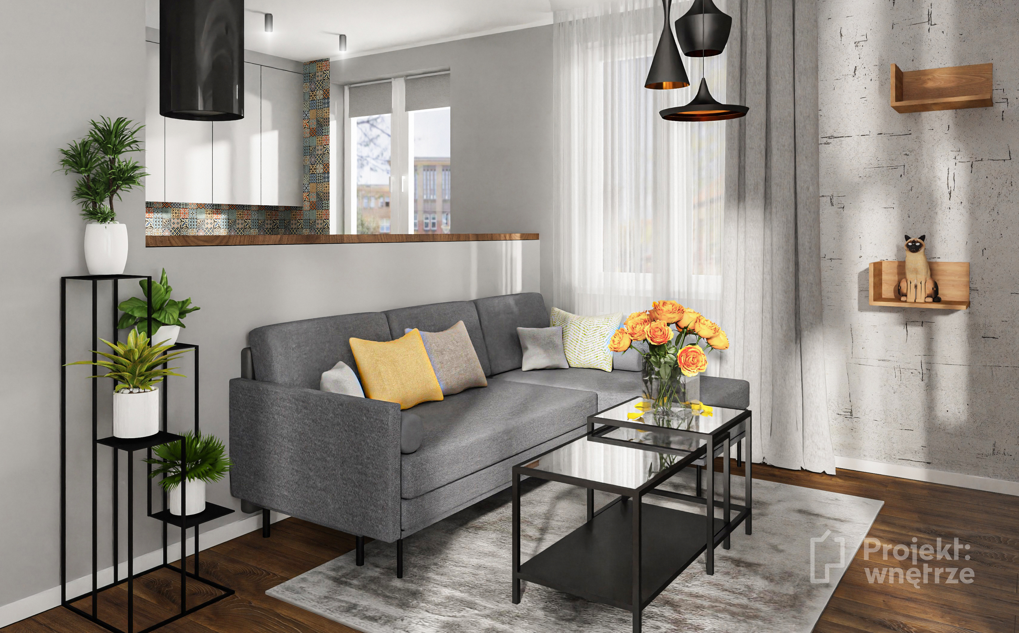 Projekt: Wnętrze projekt mieszkania szarość orzech mozaika