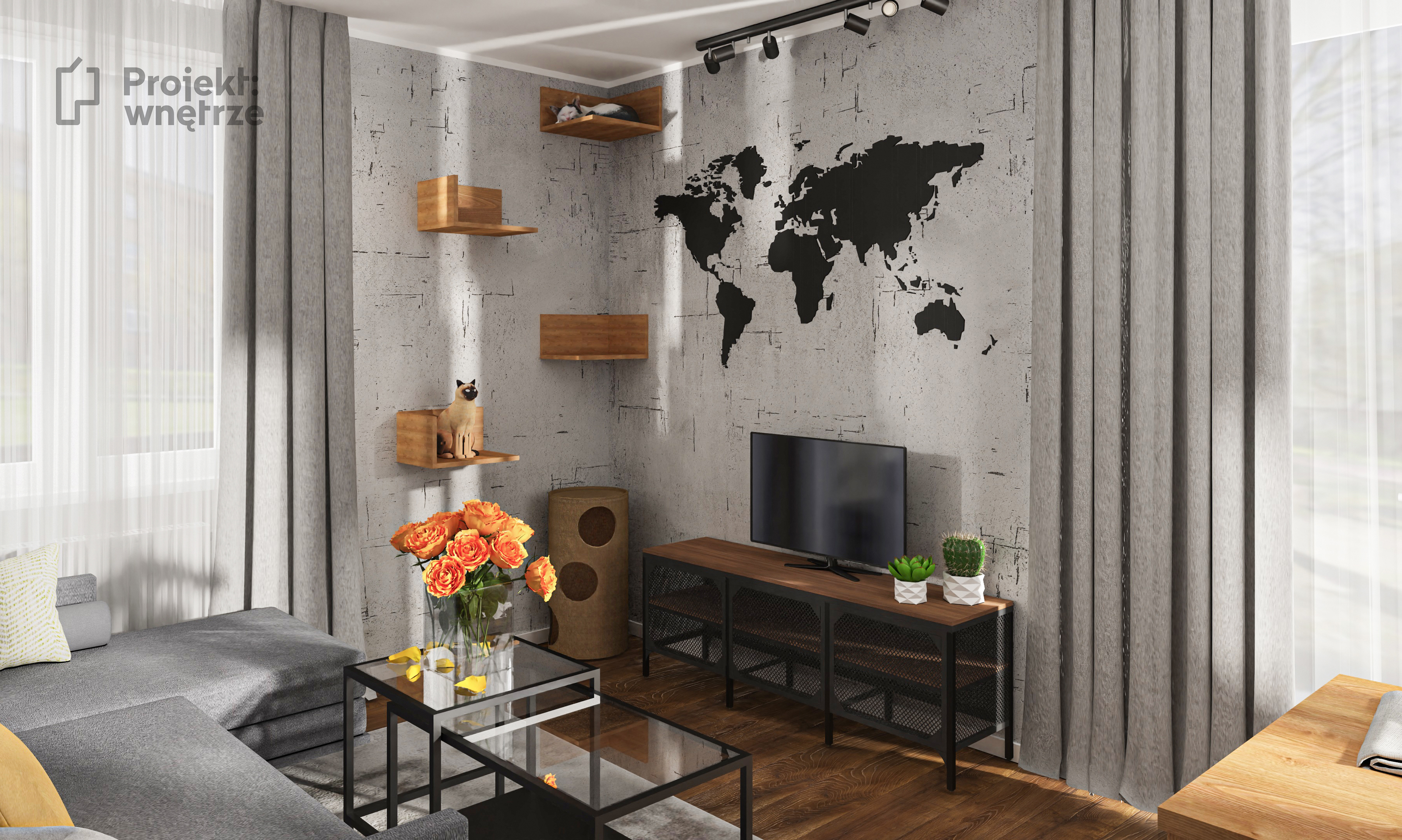 Projekt: Wnętrze projekt mieszkania szarość orzech mozaika