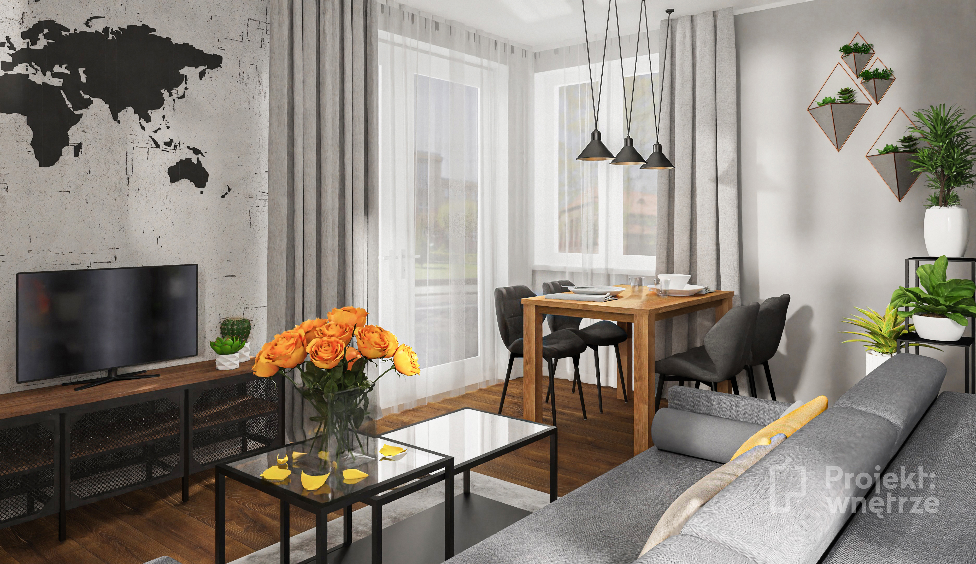 Projekt: Wnętrze projekt mieszkania szarość orzech mozaika