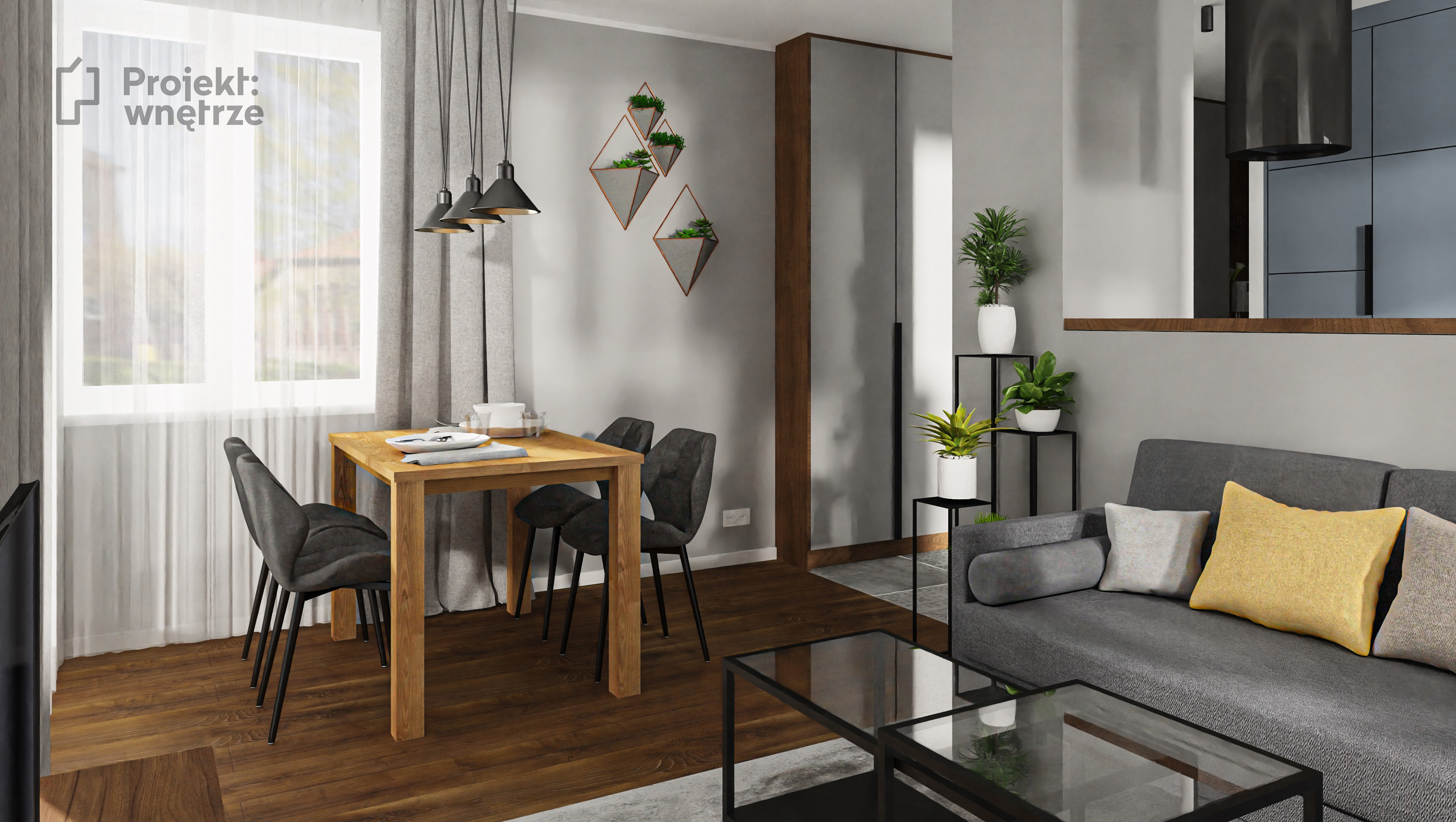 Projekt: Wnętrze projekt mieszkania szarość orzech mozaika