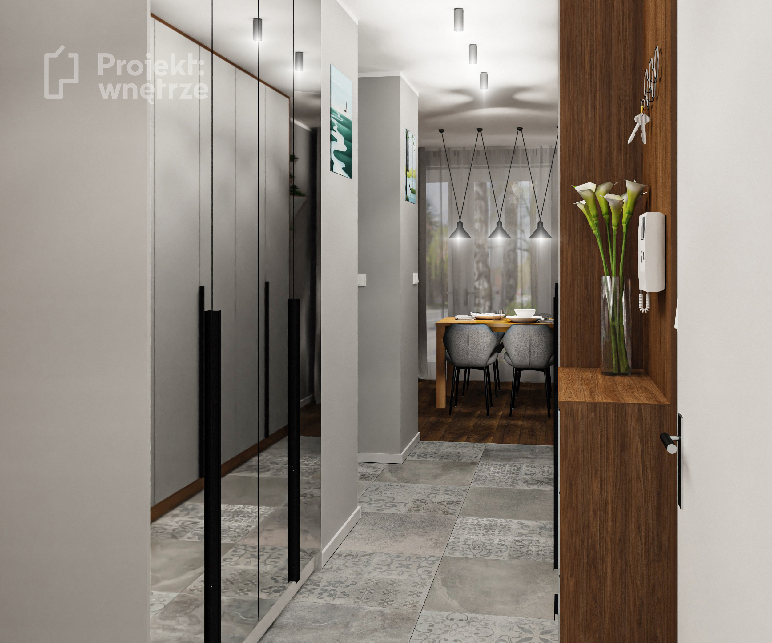 Projekt: Wnętrze projekt mieszkania szarość orzech mozaika