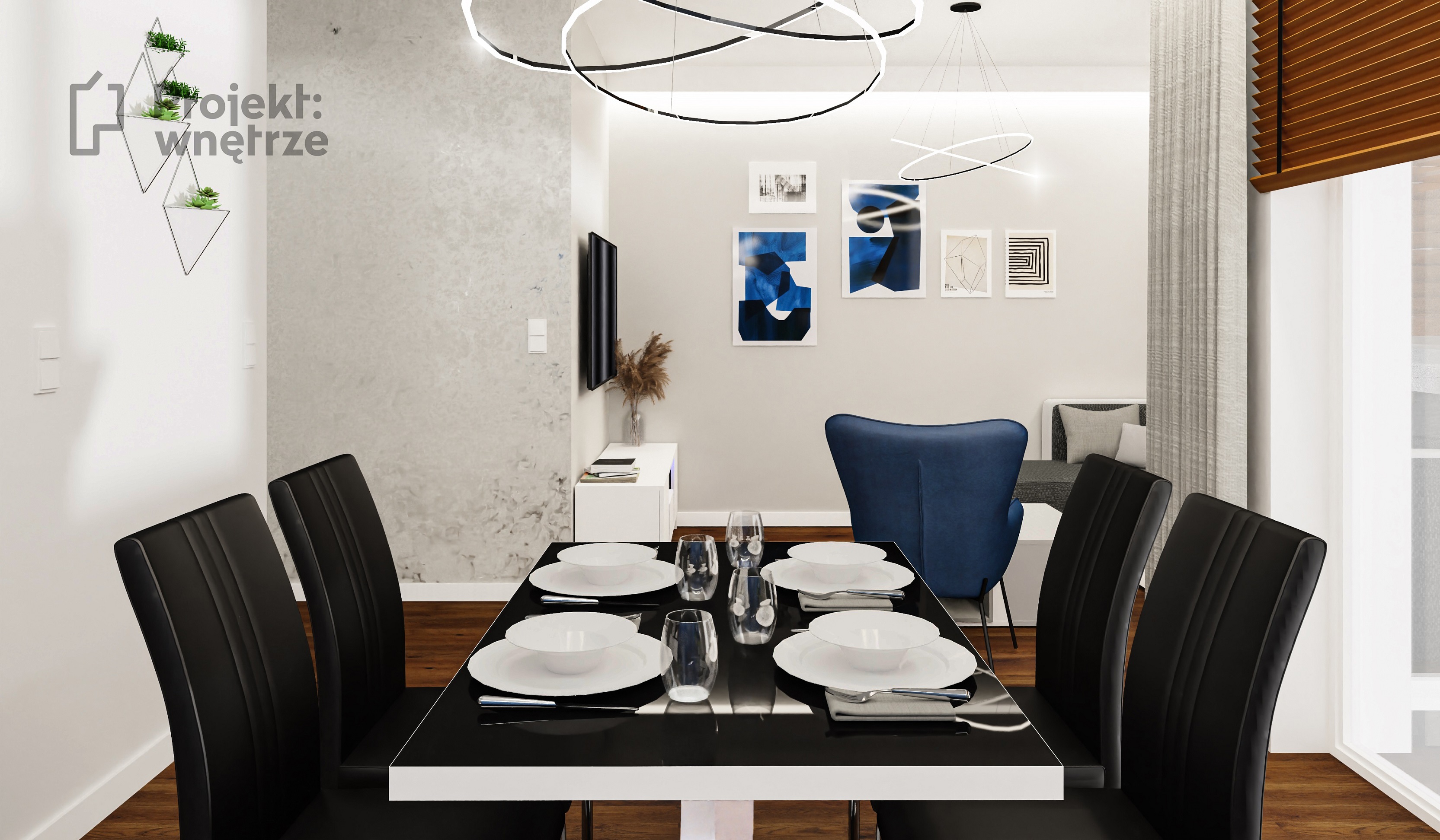 Minimalistyczne wnętrze biel błękit granat PROJEKT: WNĘTRZE