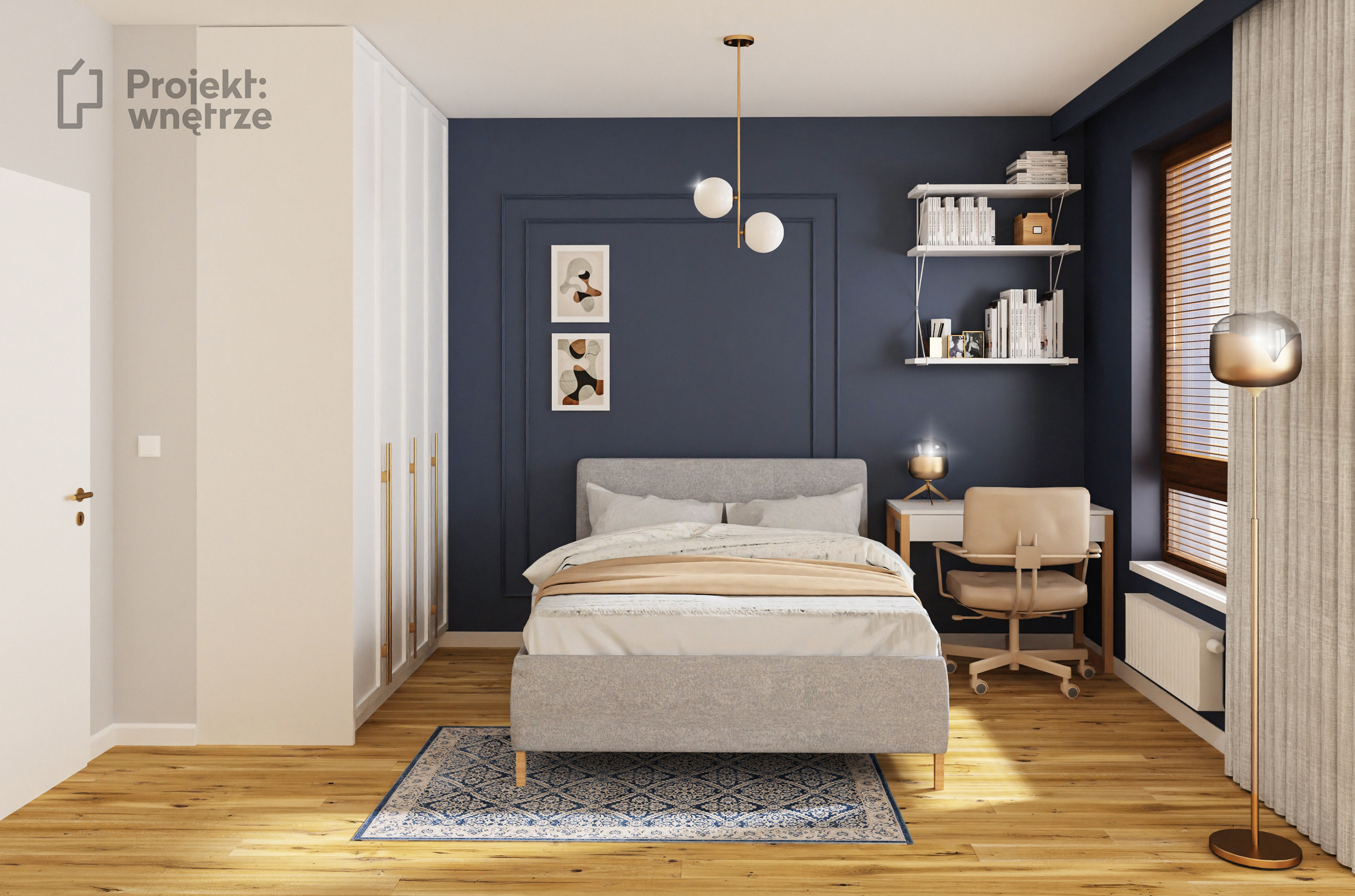 Elegancka sypialnia granat złoto sztukateria szarość Projekt: Wnętrze
