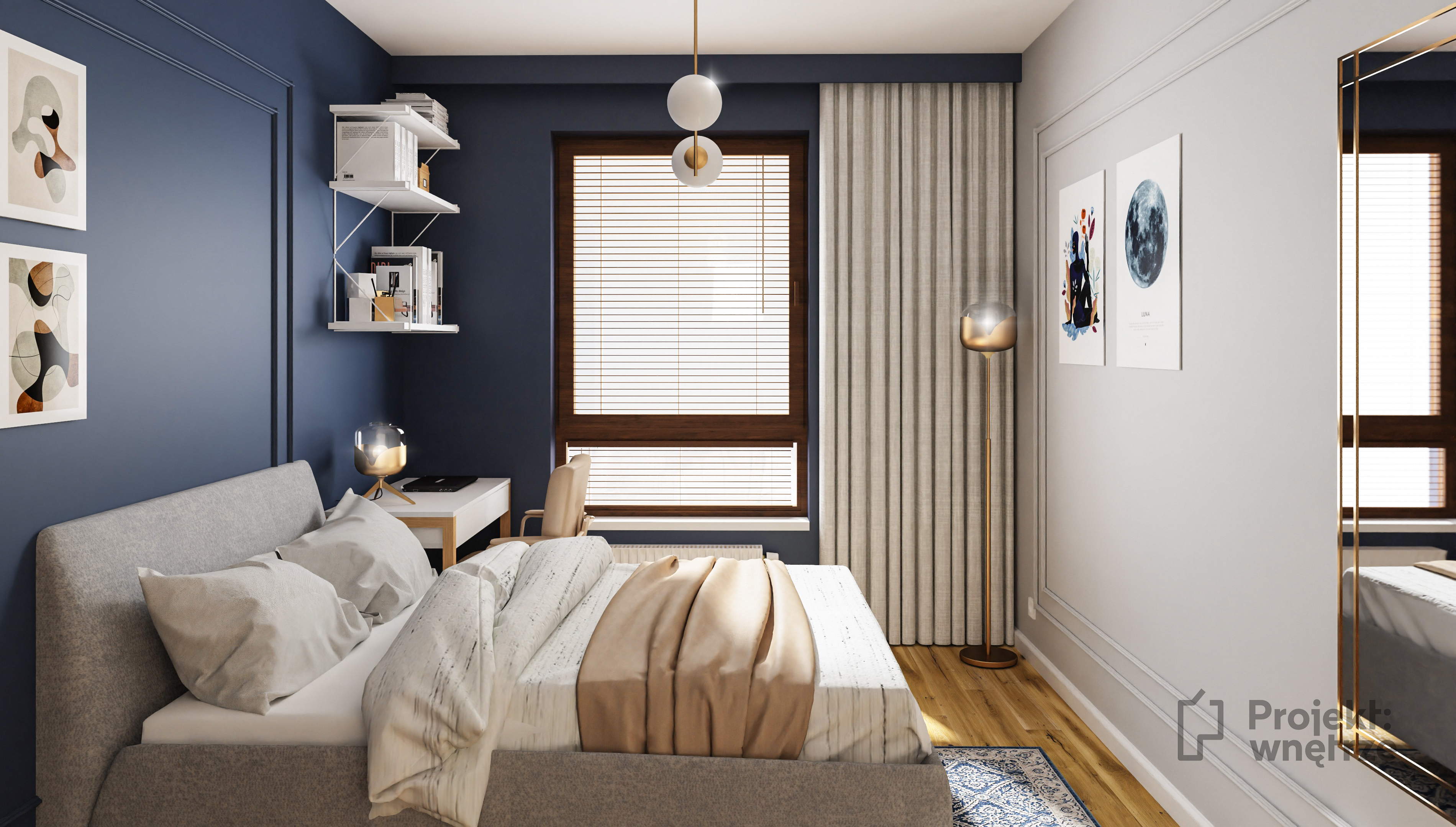 Elegancka sypialnia granat złoto sztukateria szarość Projekt: Wnętrze