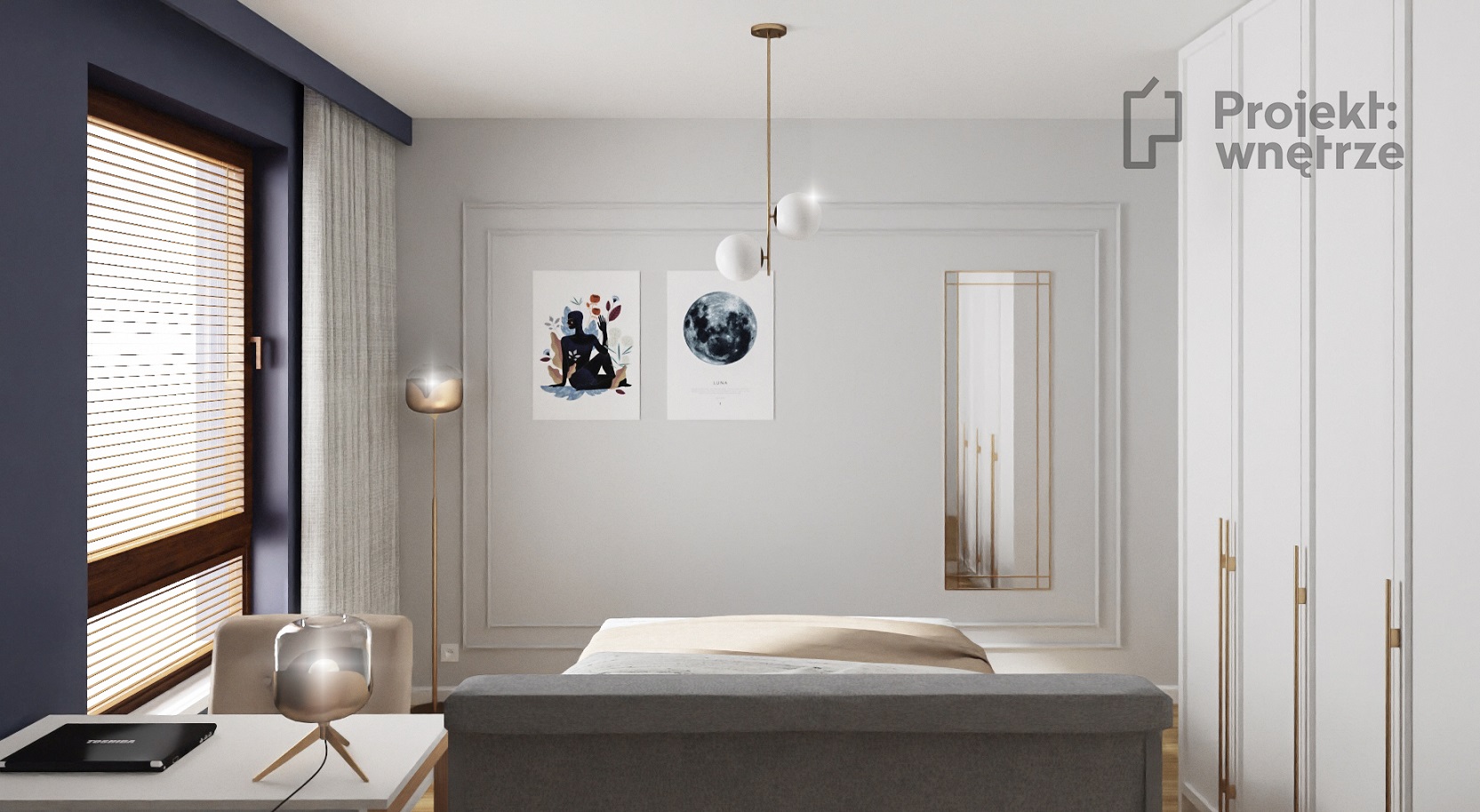 Elegancka sypialnia granat złoto sztukateria szarość Projekt: Wnętrze