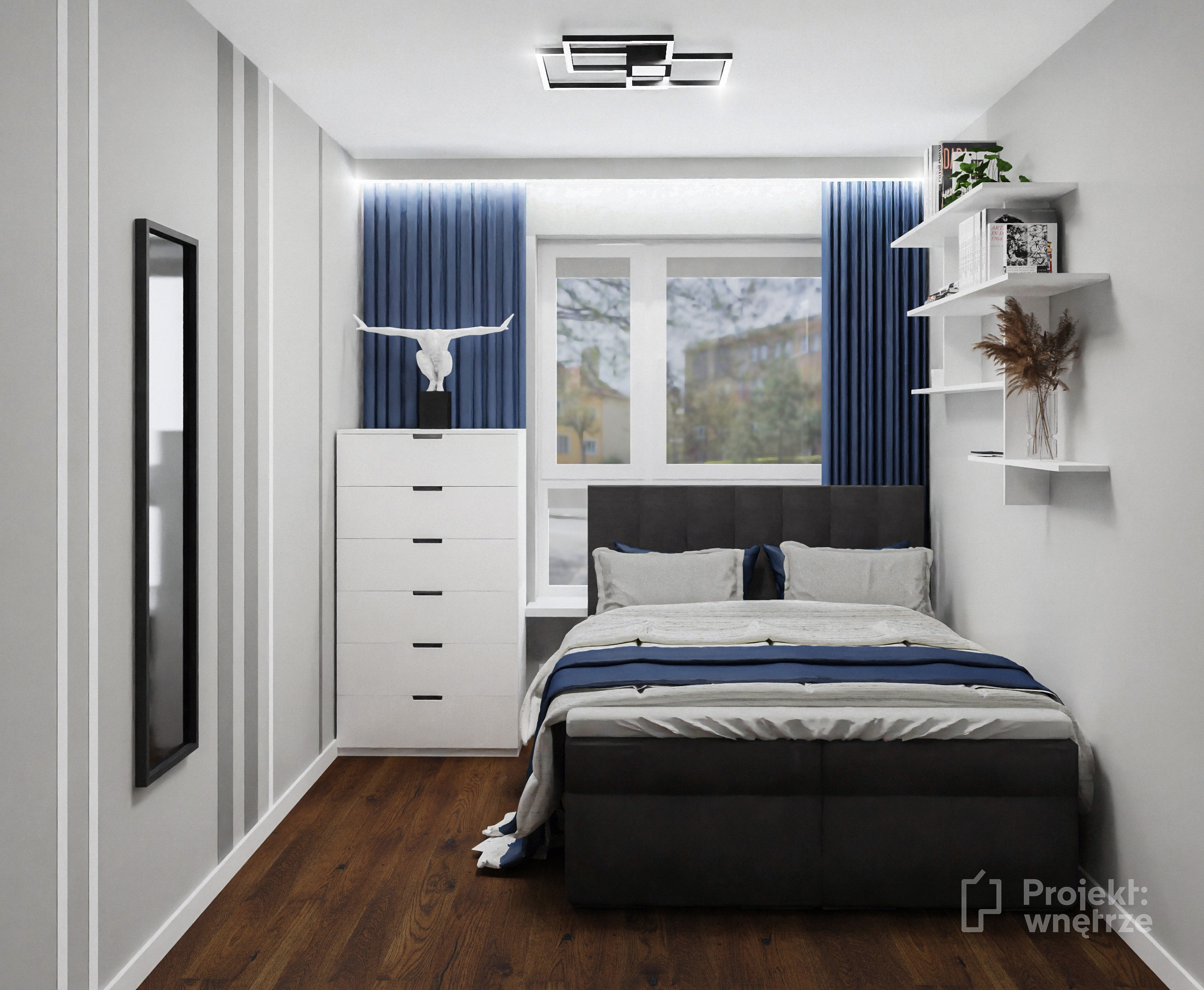 Minimalistyczne wnętrze biel błękit granat PROJEKT: WNĘTRZE