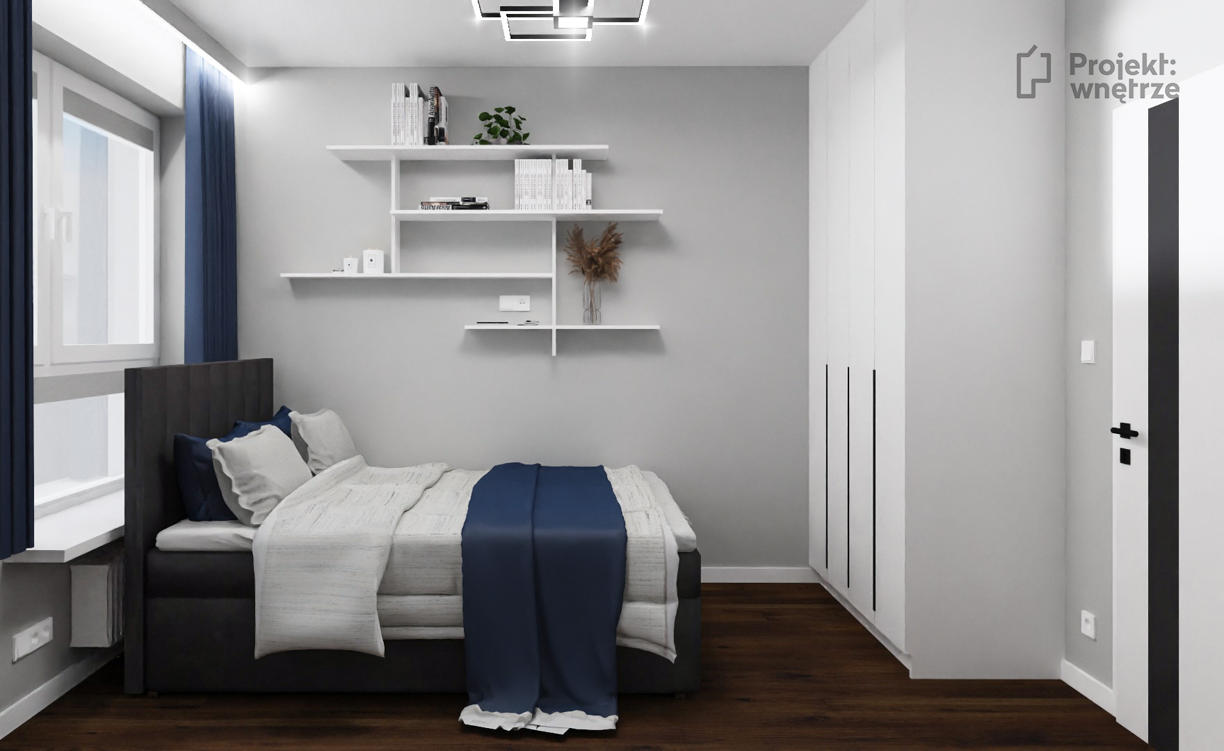 Minimalistyczne wnętrze biel błękit granat PROJEKT: WNĘTRZE
