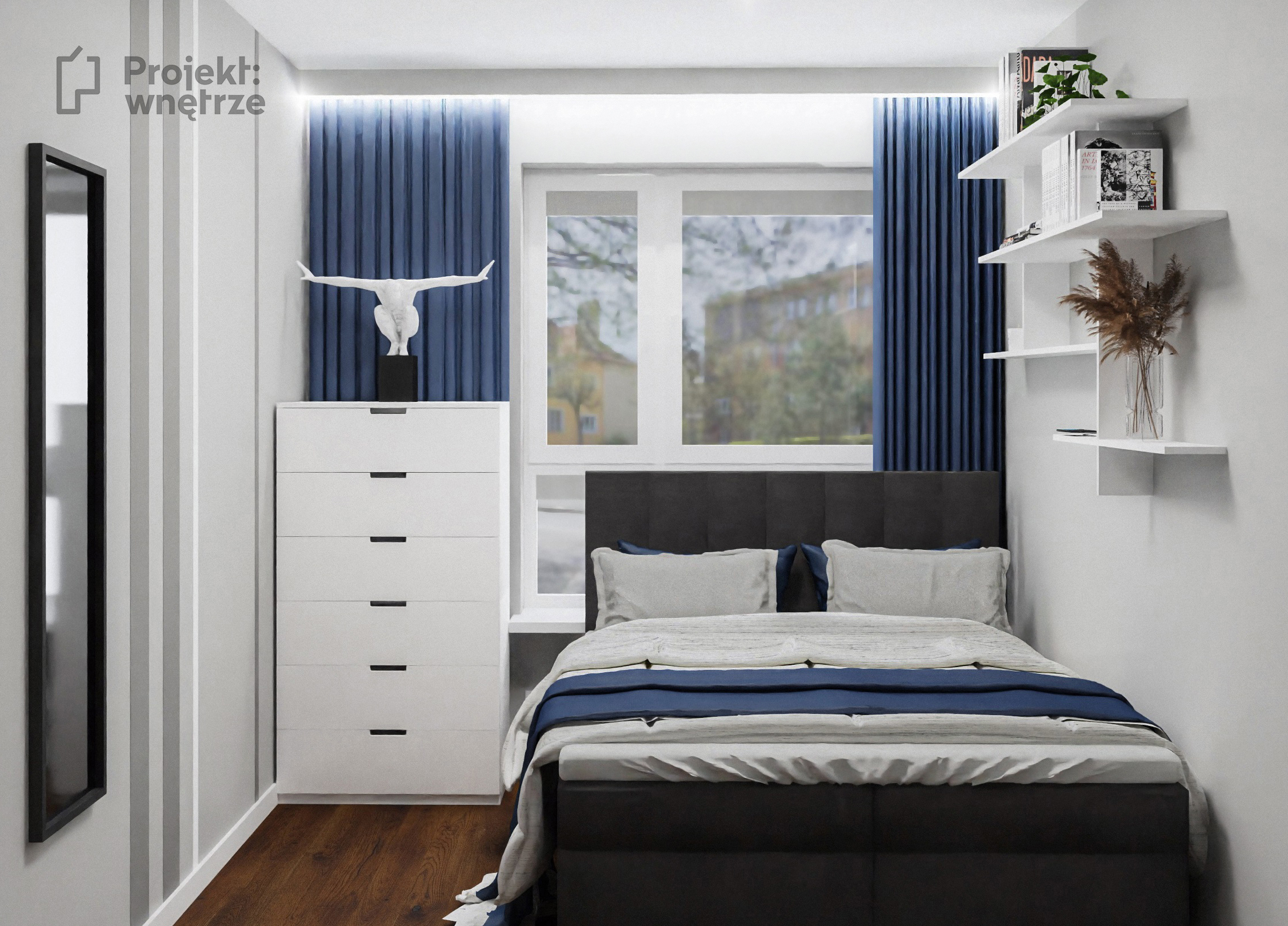 Minimalistyczne wnętrze biel błękit granat PROJEKT: WNĘTRZE
