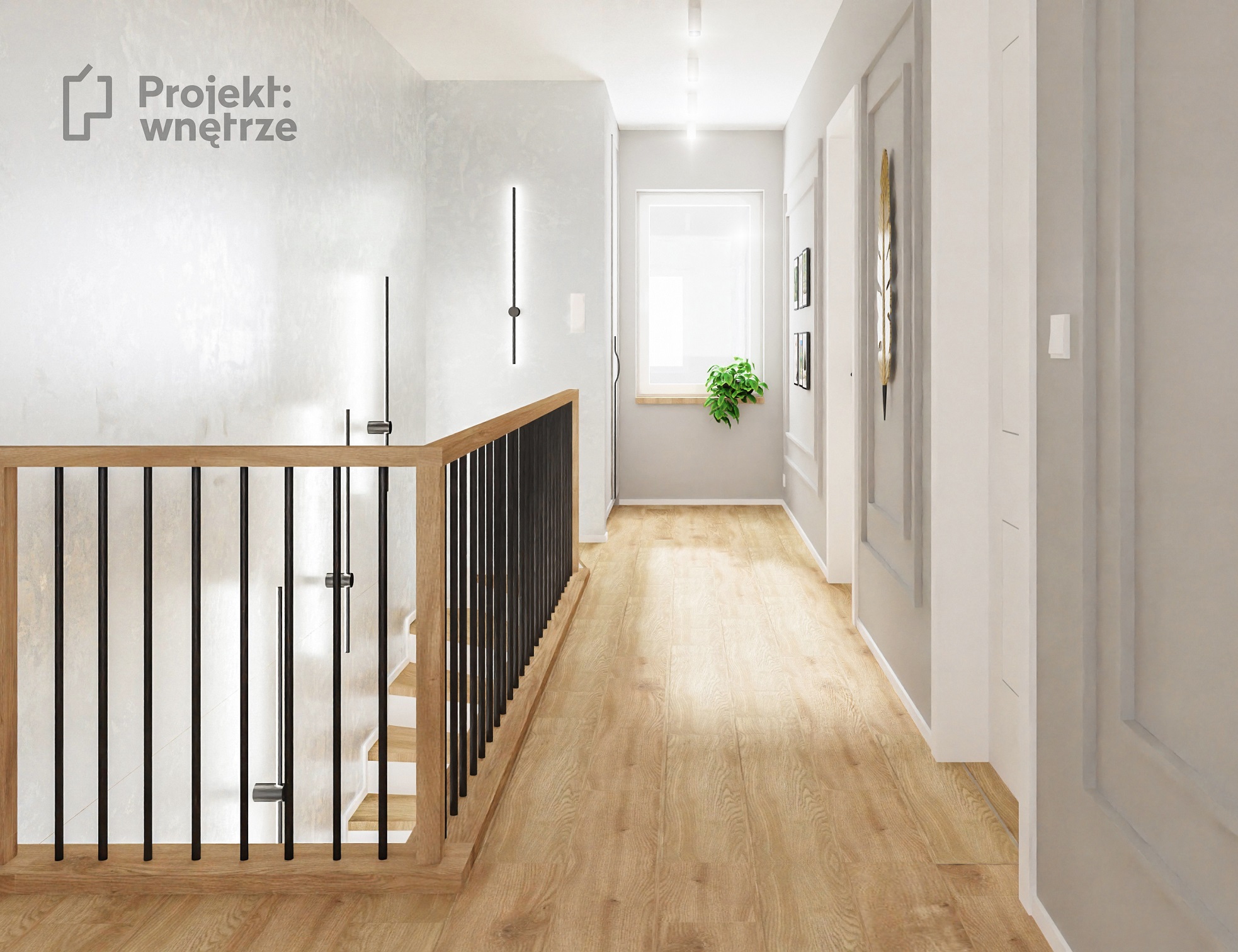PROJEKT WNĘTRZE korytarz i klatka schodowa szarość sztukateria biel drewno balustrada czarne pręty drewno dąb, tynk Jeger Velvet Alice - projektowanie wnętrz Warszawa