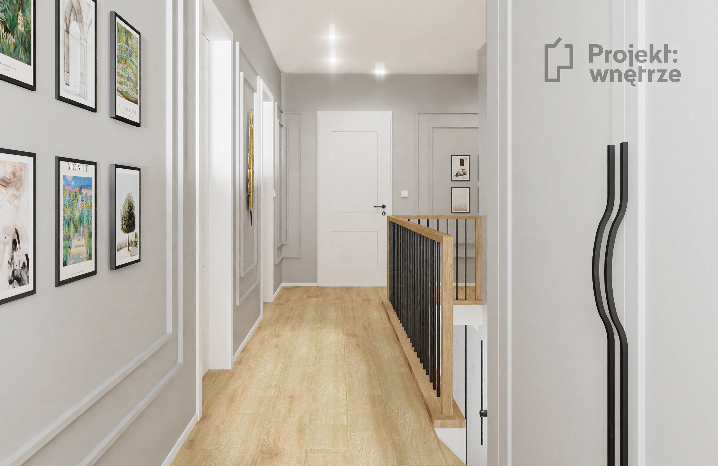 PROJEKT WNĘTRZE korytarz i klatka schodowa szarość sztukateria biel drewno balustrada czarne pręty drewno dąb, tynk Jeger Velvet Alice - projektowanie wnętrz Warszawa
