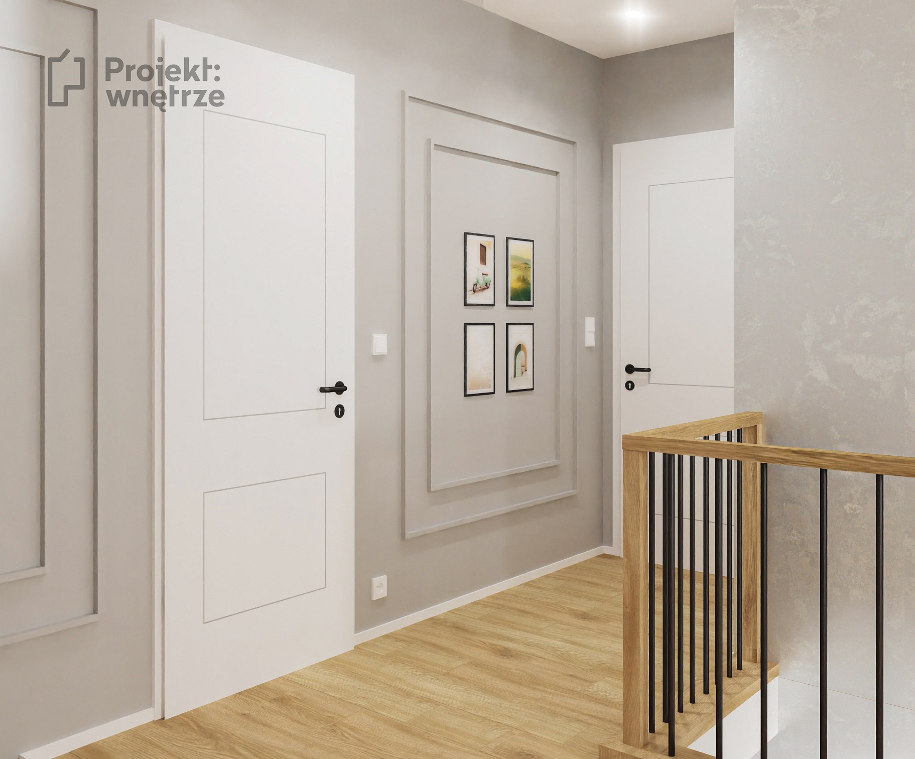 PROJEKT WNĘTRZE korytarz i klatka schodowa szarość sztukateria biel drewno balustrada czarne pręty drewno dąb, tynk Jeger Velvet Alice - projektowanie wnętrz Warszawa
