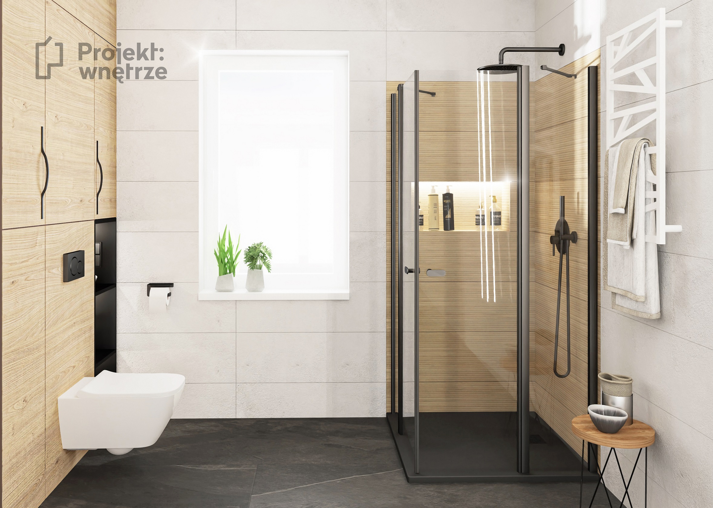 PROJEKT WNĘTRZE projekt łazienki płytki 3D Kaflando GLAZURA LARCHWOOD ALDER 90×30 PULSE PEARL MSH 90×30 drewno lamelki czerń panele Moduleo lustra okrągłe czarny prysznic listwy LED obok wanny - projektowanie wnętrz