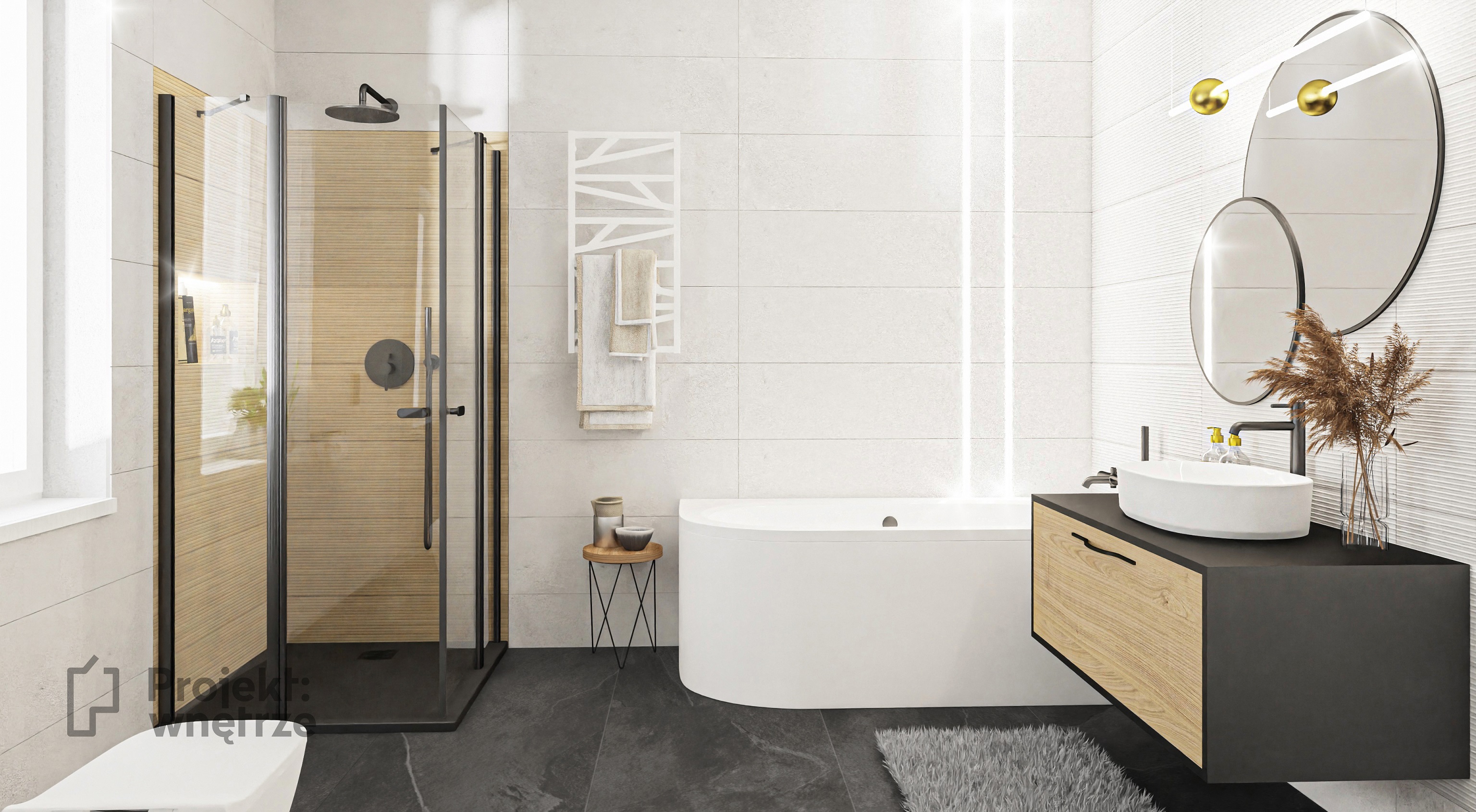 PROJEKT WNĘTRZE projekt łazienki płytki 3D Kaflando GLAZURA LARCHWOOD ALDER 90×30 PULSE PEARL MSH 90×30 drewno lamelki czerń panele Moduleo lustra okrągłe czarny prysznic listwy LED obok wanny - projektowanie wnętrz
