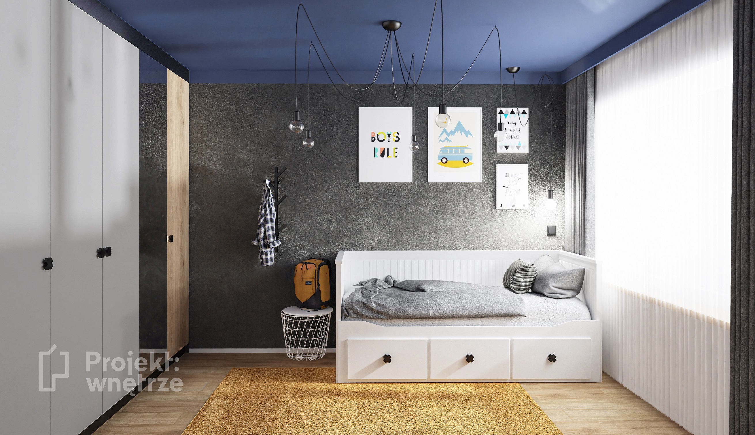 Projekt wnętrze - projekt pokoju dla chłopca nastolatka błękit granat szarość drewno czerń ciemny sufit, Jeger Onyks Ikea biurko VOX uchwyt krzyżyk