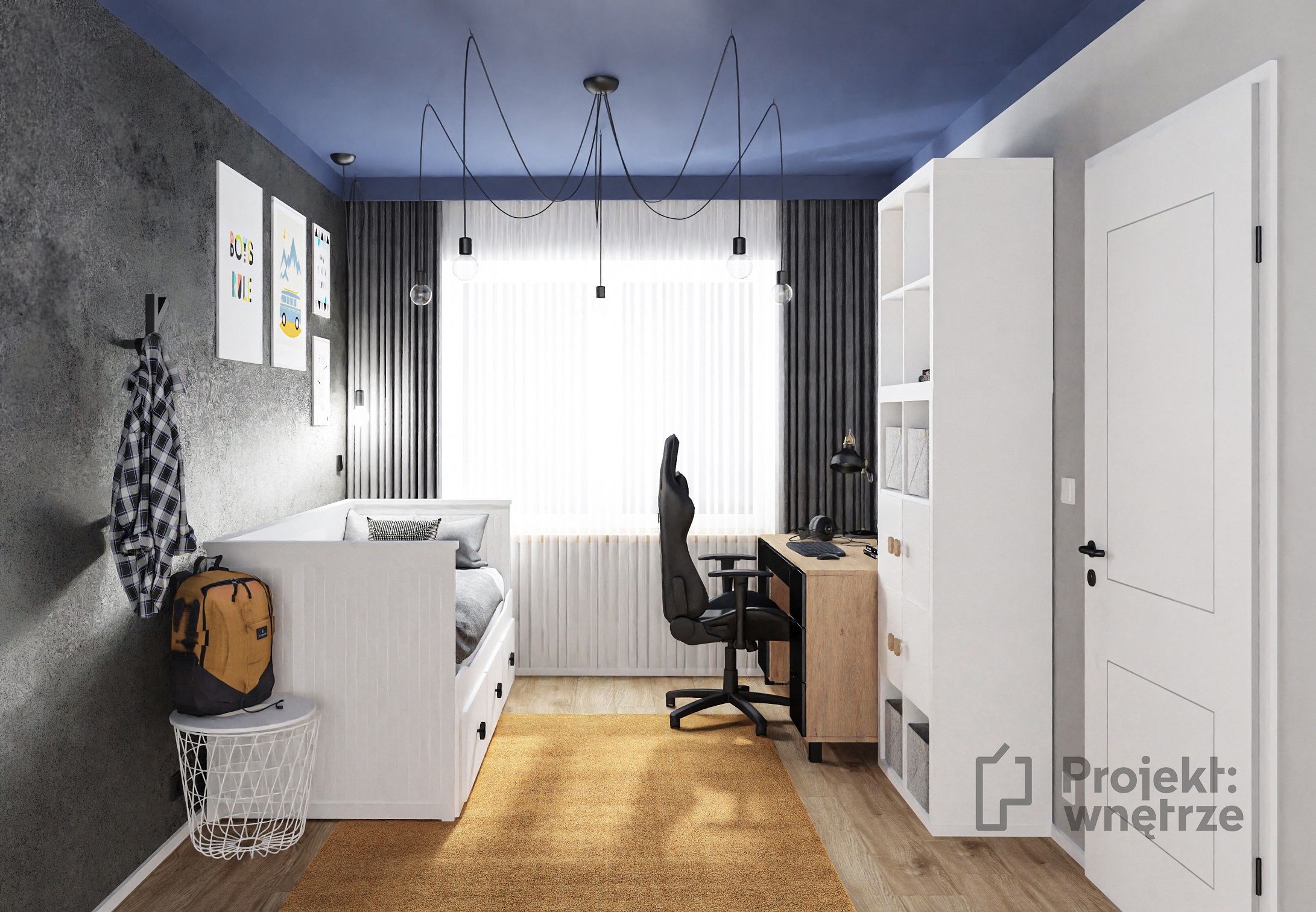 Projekt wnętrze - projekt pokoju dla chłopca nastolatka błękit granat szarość drewno czerń ciemny sufit, Jeger Onyks Ikea biurko VOX uchwyt krzyżyk