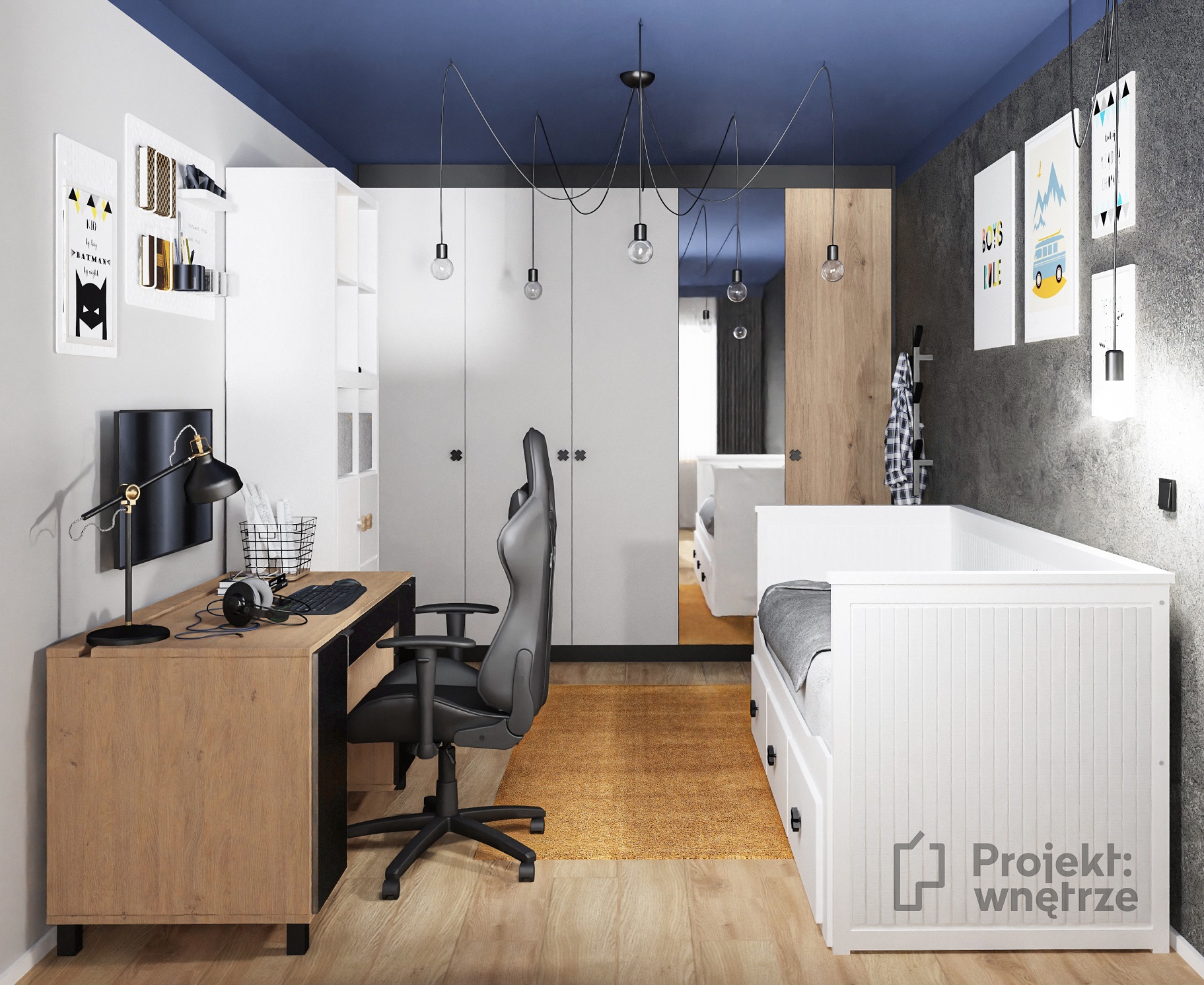 Projekt wnętrze - projekt pokoju dla chłopca nastolatka błękit granat szarość drewno czerń ciemny sufit, Jeger Onyks Ikea biurko VOX uchwyt krzyżyk