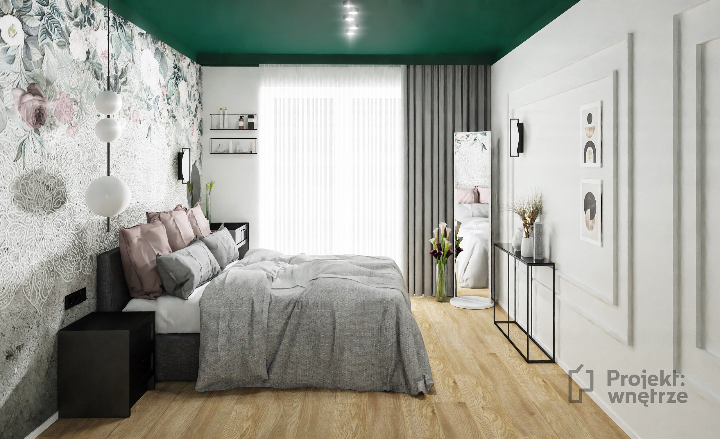 PROJEKT WNĘTRZE - Projekt sypialni w ciemnej zieleni, z tapetą i sztukaterią