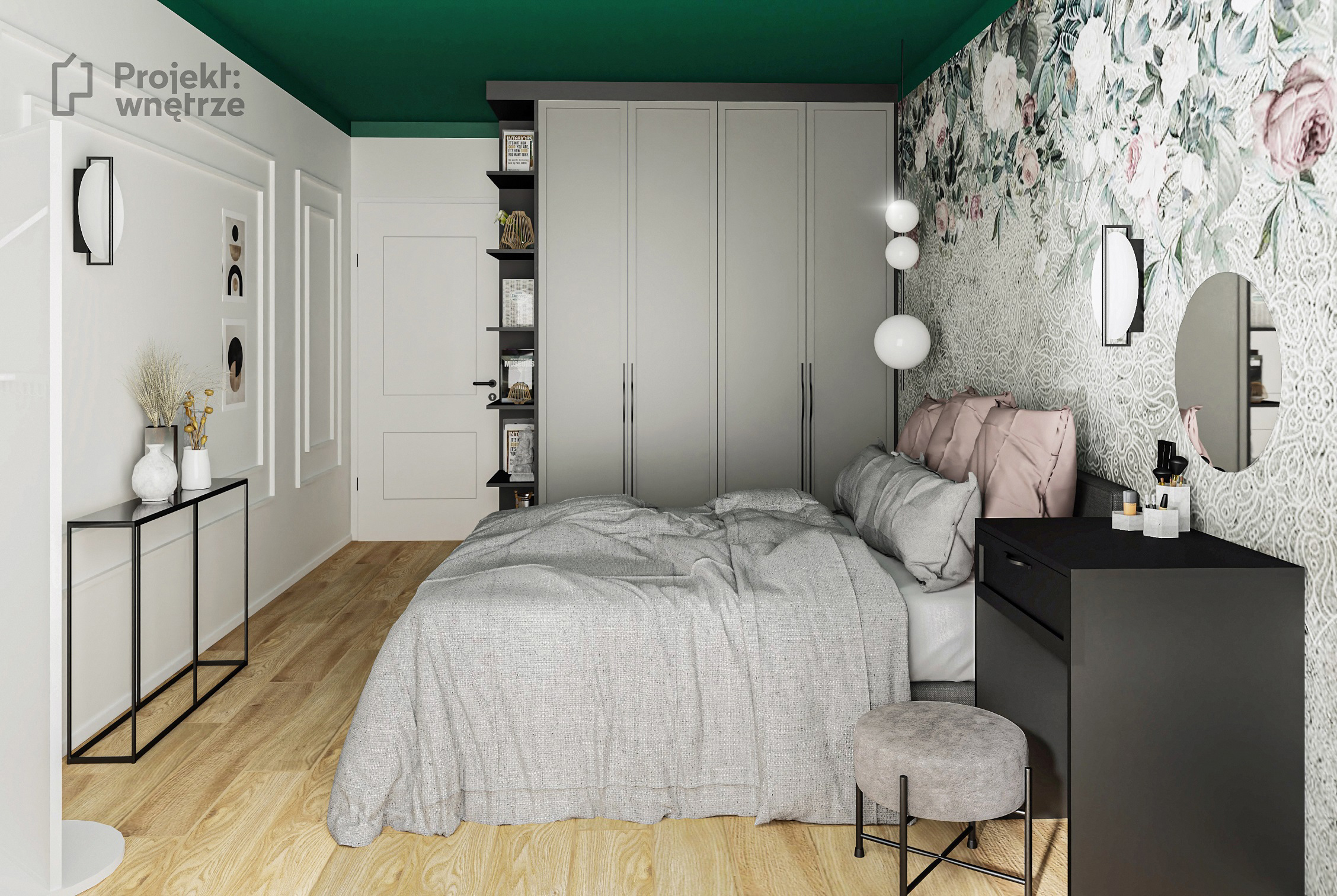 Projekt wnętrze projekt sypialni zieleń szarość drewno czerń tapeta sztukateria toaletka Ikea Zfabryki - projektowanie wnętrz online Warszawa