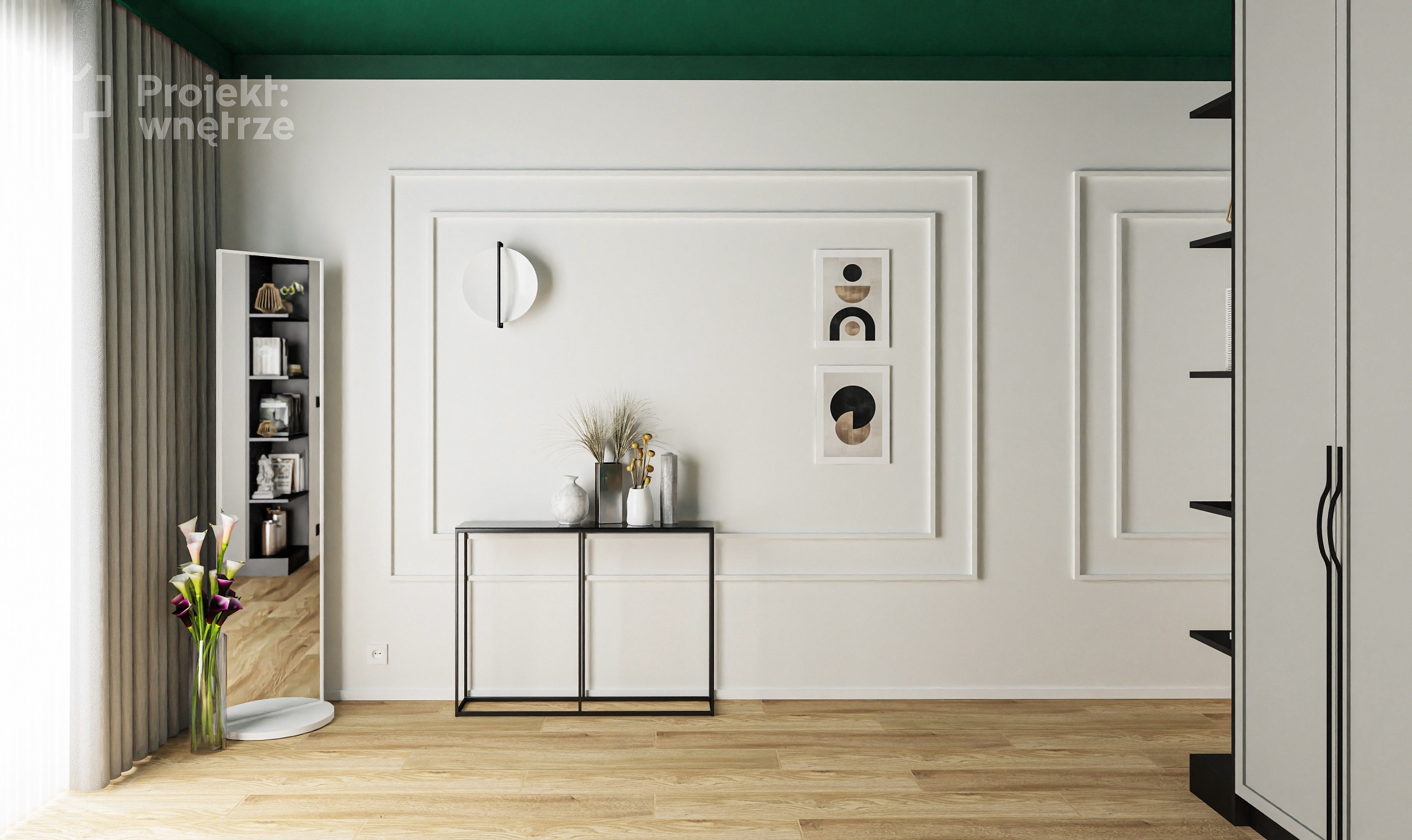 Projekt wnętrze projekt sypialni zieleń szarość drewno czerń tapeta sztukateria toaletka Ikea Zfabryki - projektowanie wnętrz online Warszawa (4)