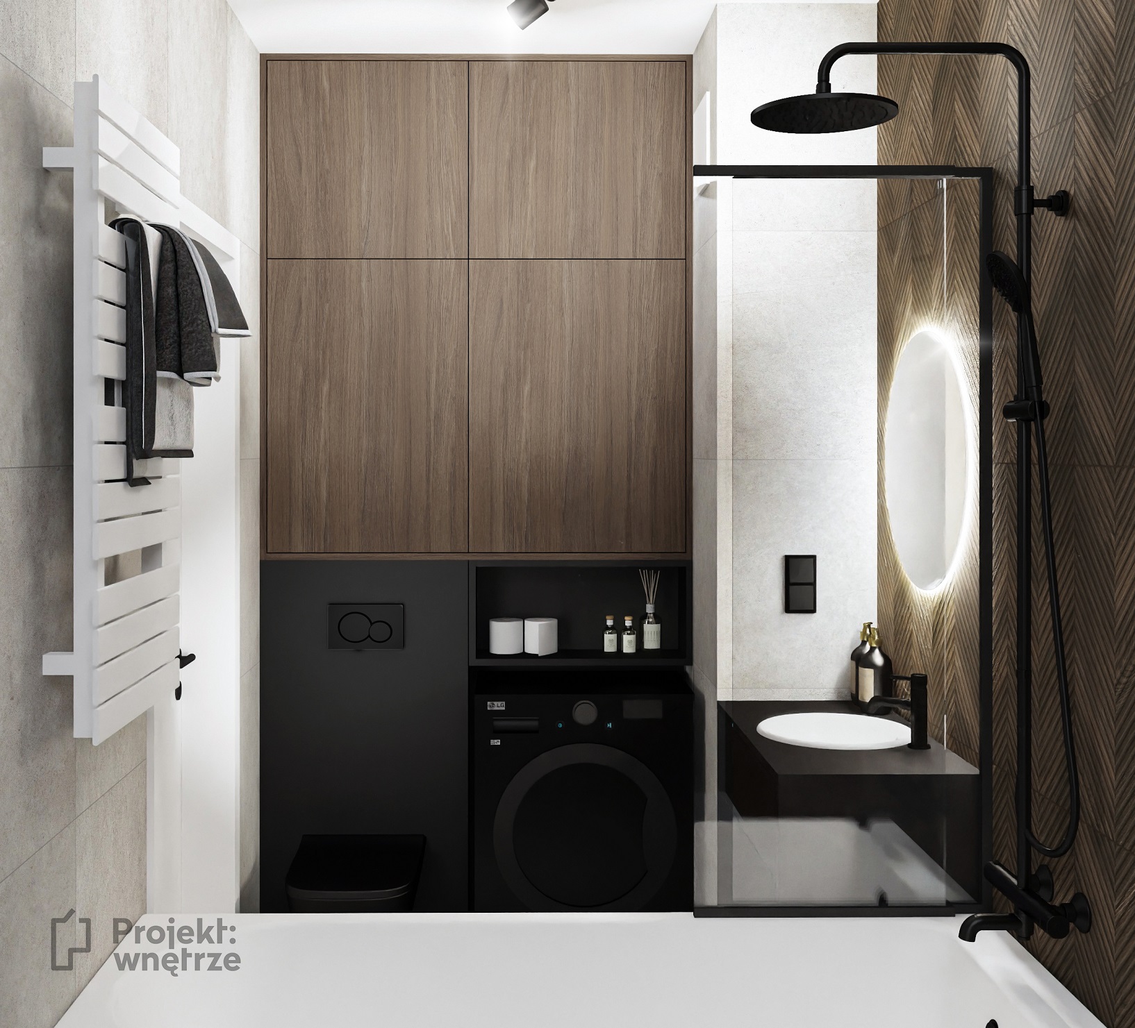 Projekt wnętrze łazienka w stylu loft ciemne płytki zabudowa czarne WC Paradyż Afternoon Brown Tubądzin Aulla Graphite okrągłe lustro LED parawan nawannowy (1)